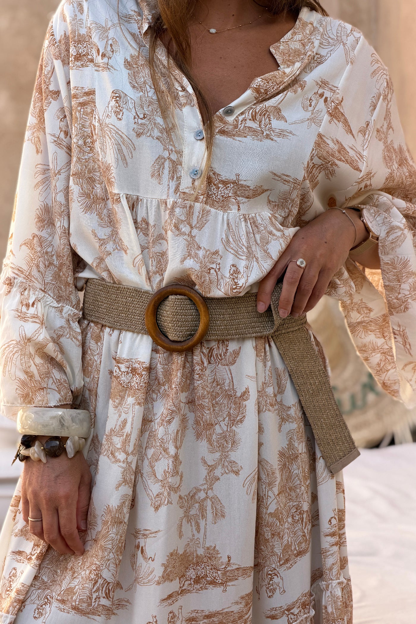 Robe longue toile de jouy beige