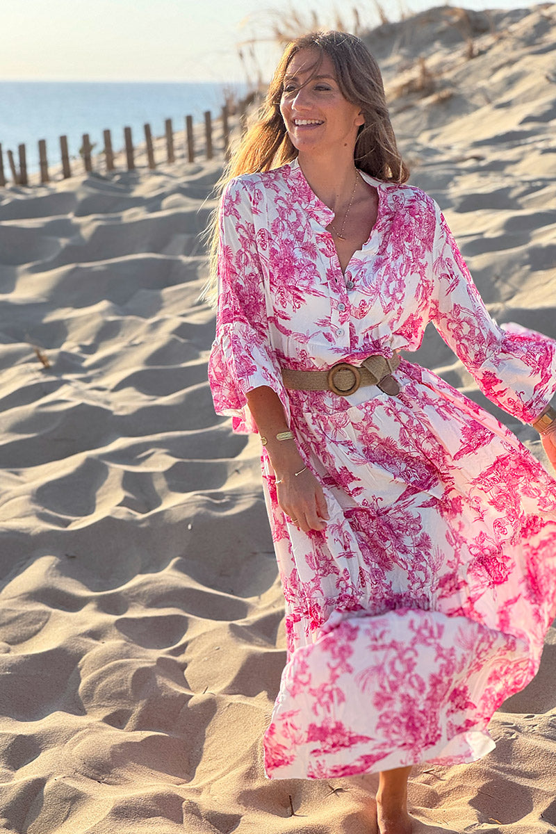 Robe longue imprimé toile de jouy fuchsia