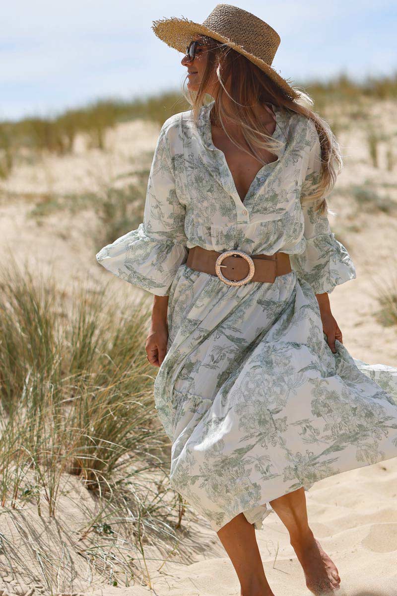 Robe longue toile de jouy kaki