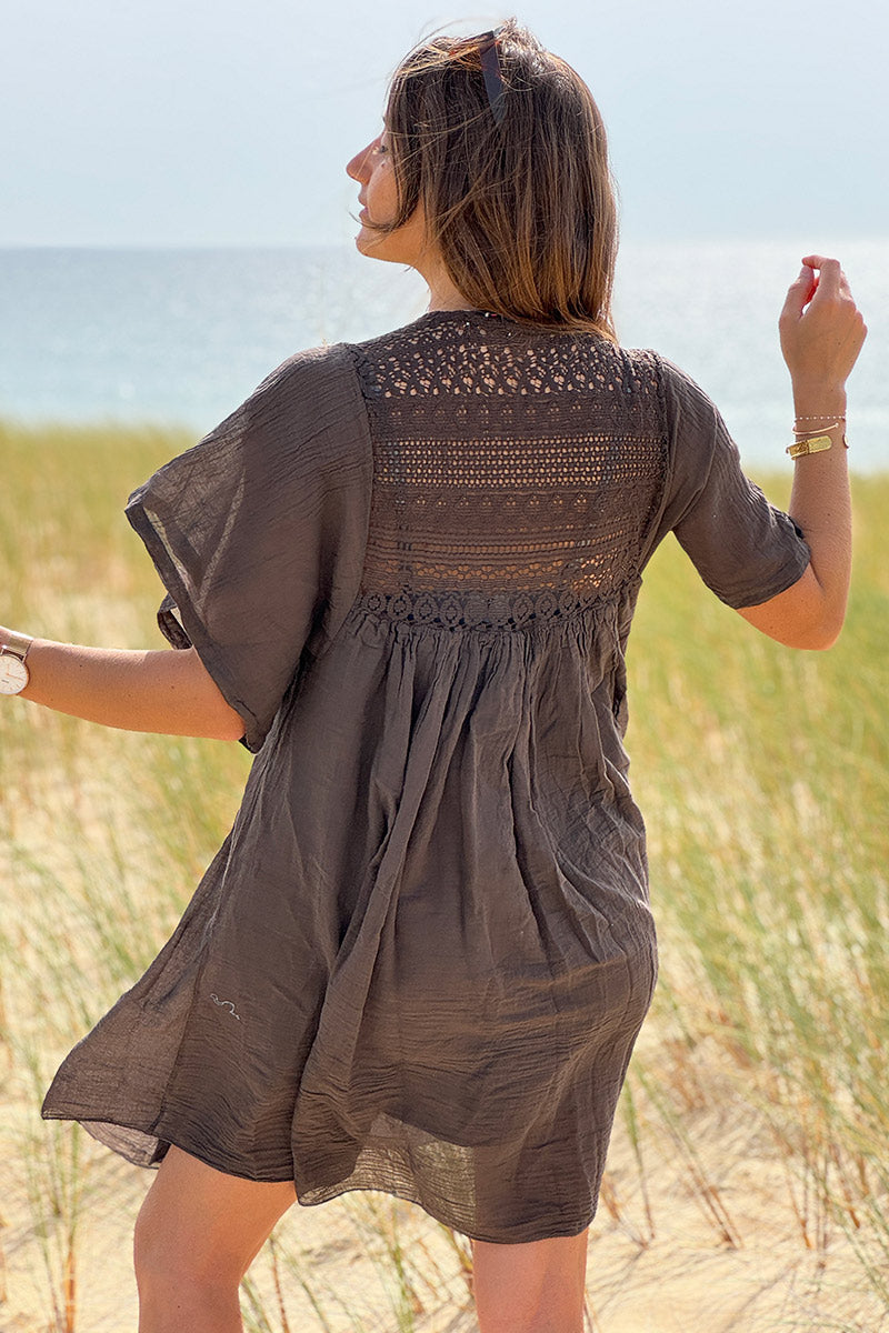 Brown chocolate Floaty Cotton Dress with Lace Top