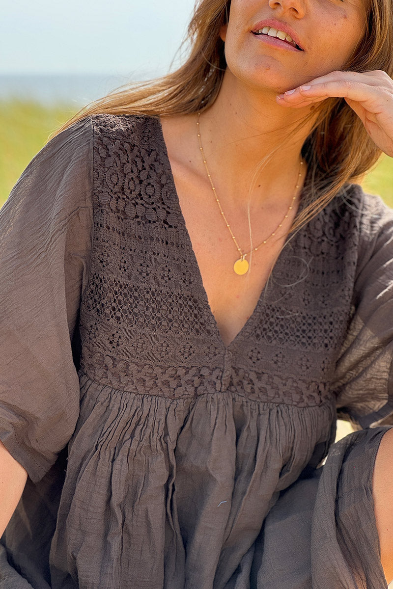 Brown chocolate Floaty Cotton Dress with Lace Top