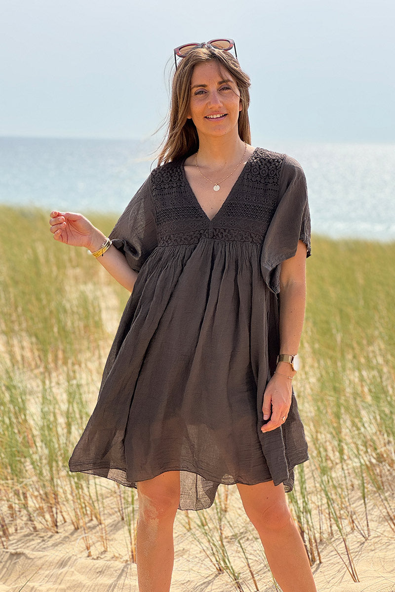 Brown chocolate Floaty Cotton Dress with Lace Top