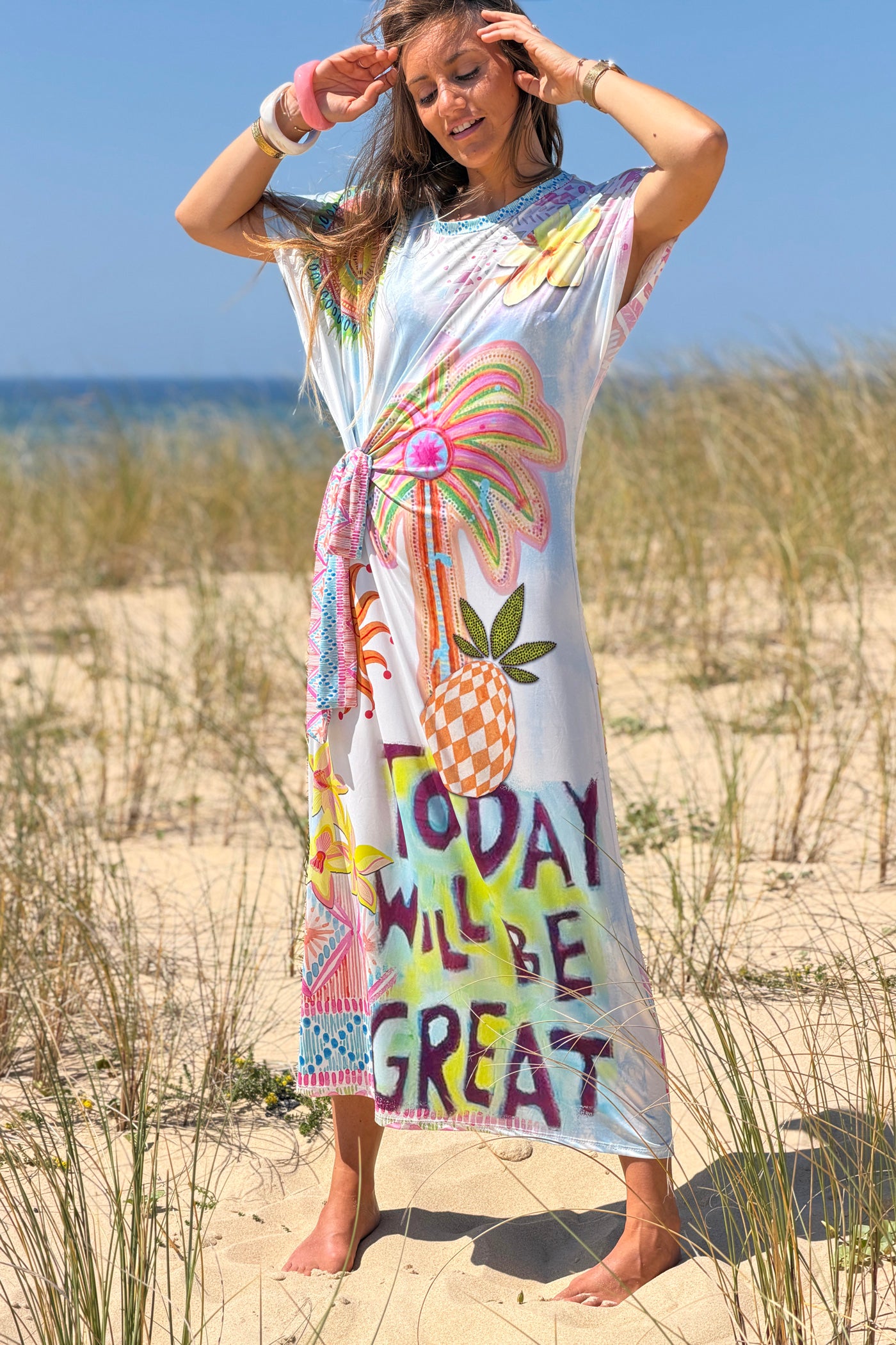 White “Today Will Be Great” Side-Tie Shirt Dress
