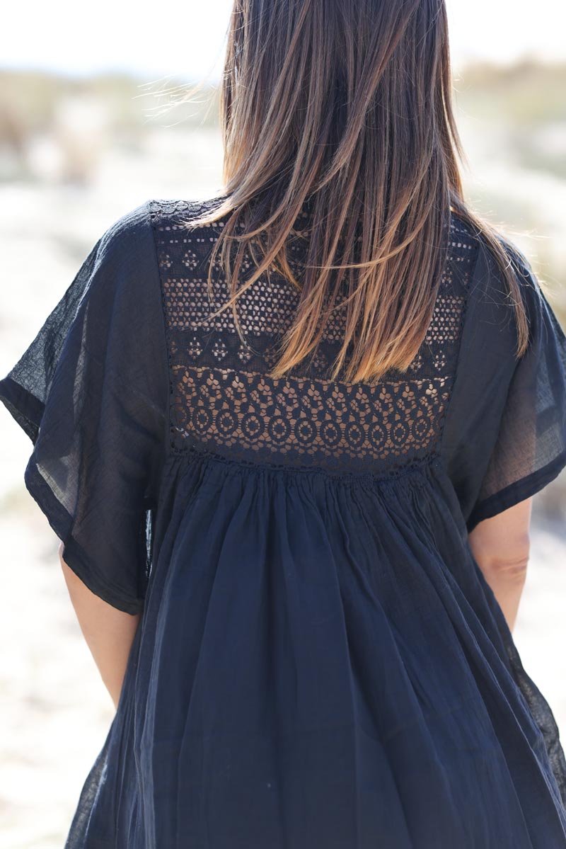 Robe noire legere voile de coton haut dentelle E190 (1)