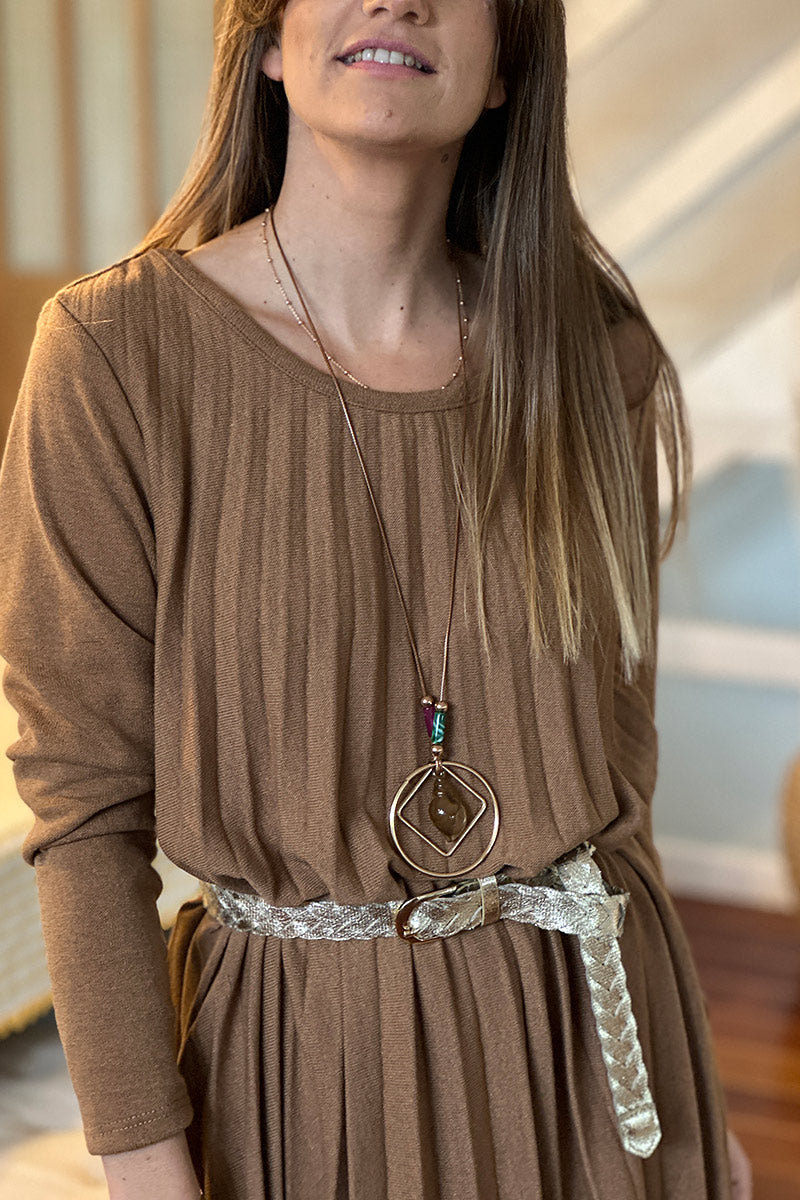 Robe plissée camel en petite maille col rond