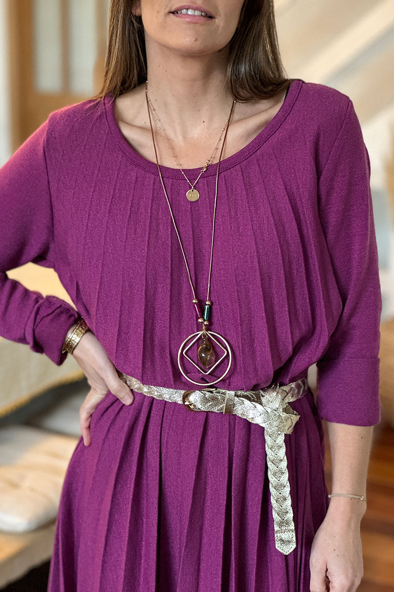 Robe plissée violine en petite maille col rond