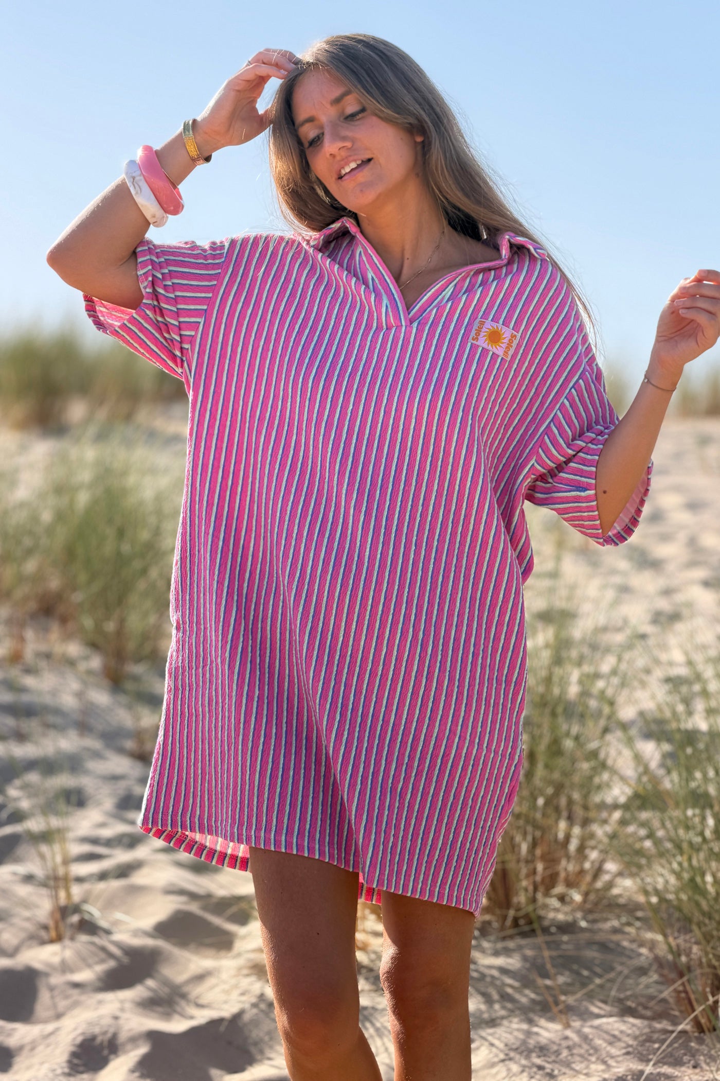 Pink Striped Terry Knit Collared Beach Tunic
