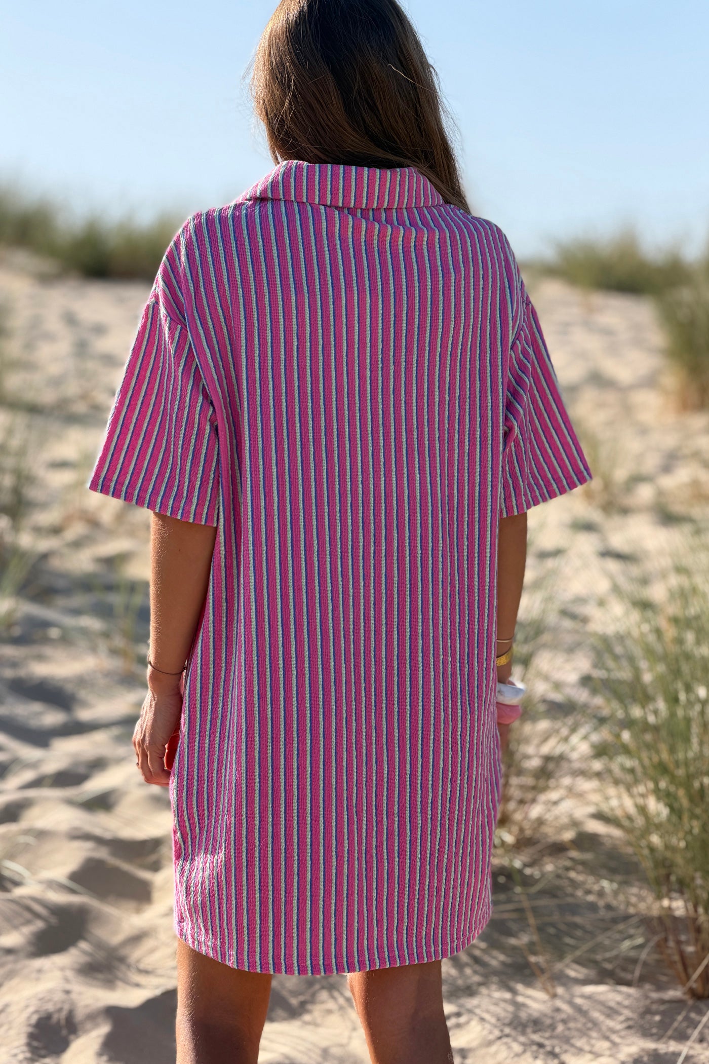 Pink Striped Terry Knit Collared Beach Tunic
