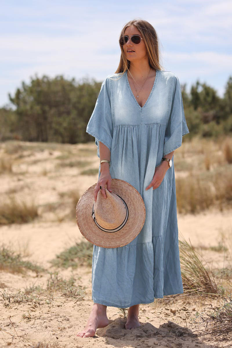 Light washed tencel denim oversized maxi dress