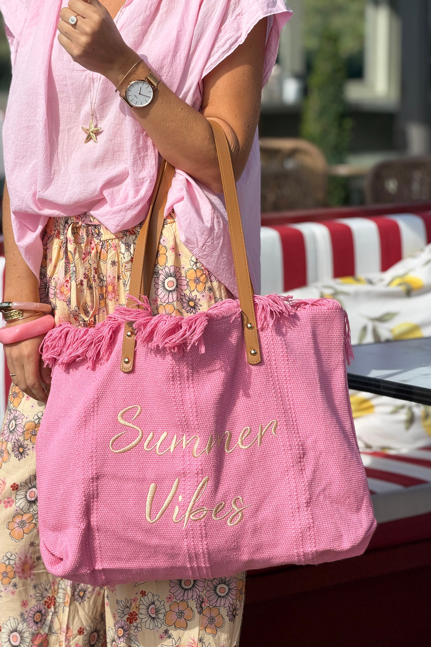 Sac cabas de plage rose à franges Summer Vibes