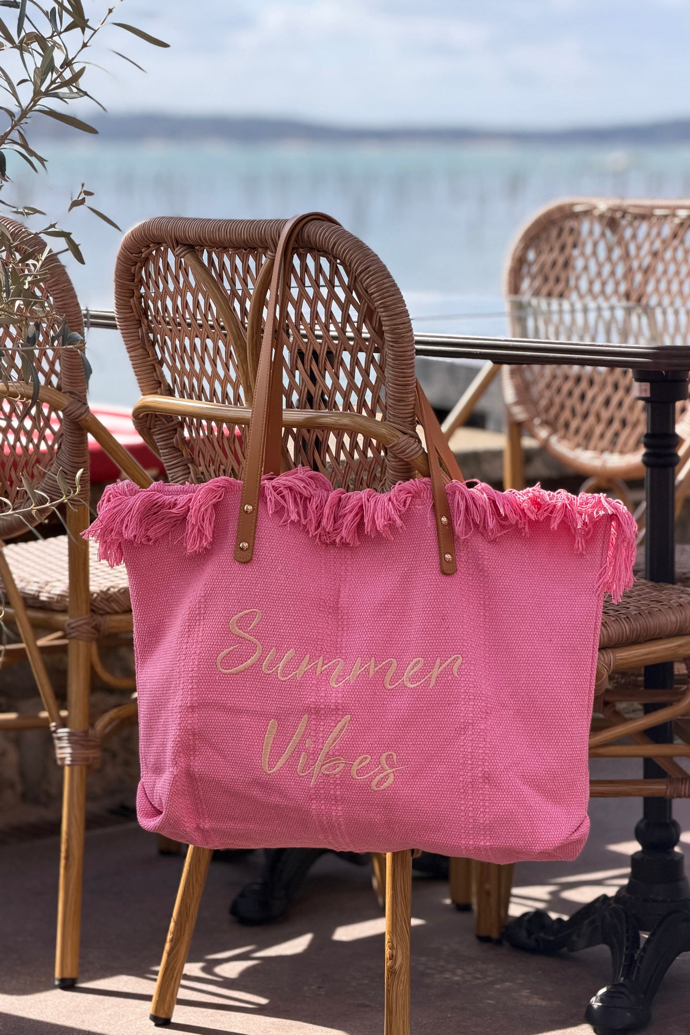 Sac cabas de plage rose à franges Summer Vibes