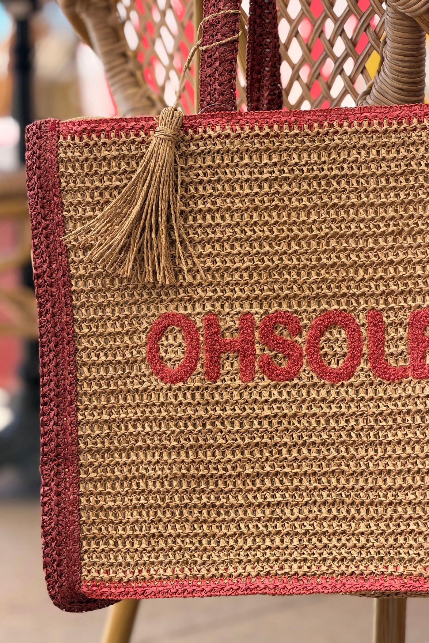 Burgundy “OH SOLEIL” Jute Beach Tote