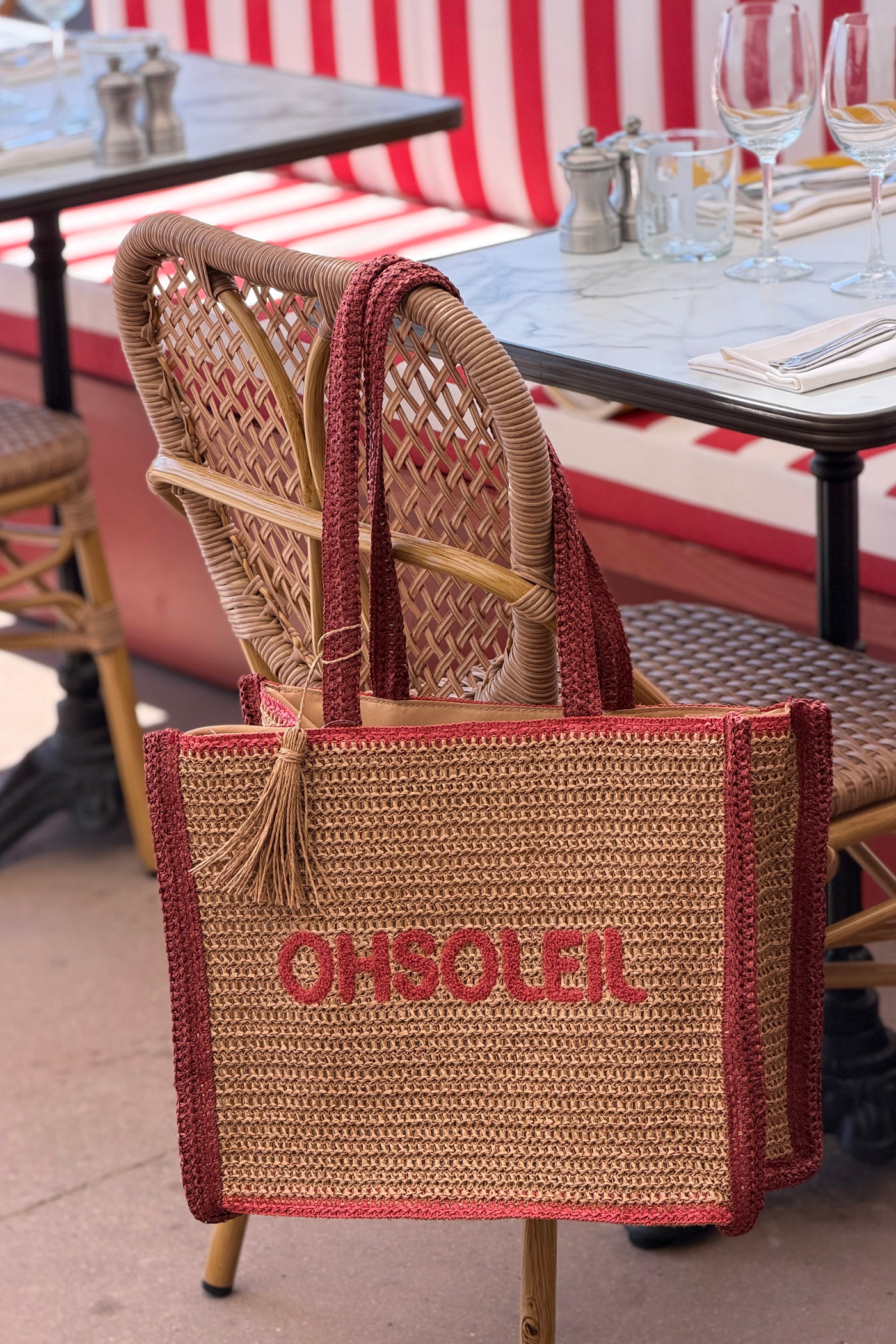 Burgundy “OH SOLEIL” Jute Beach Tote