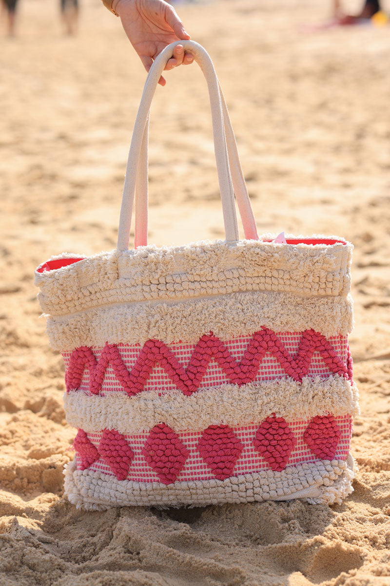 Sac panier en coton écru motifs aztèques fuchsia en relief