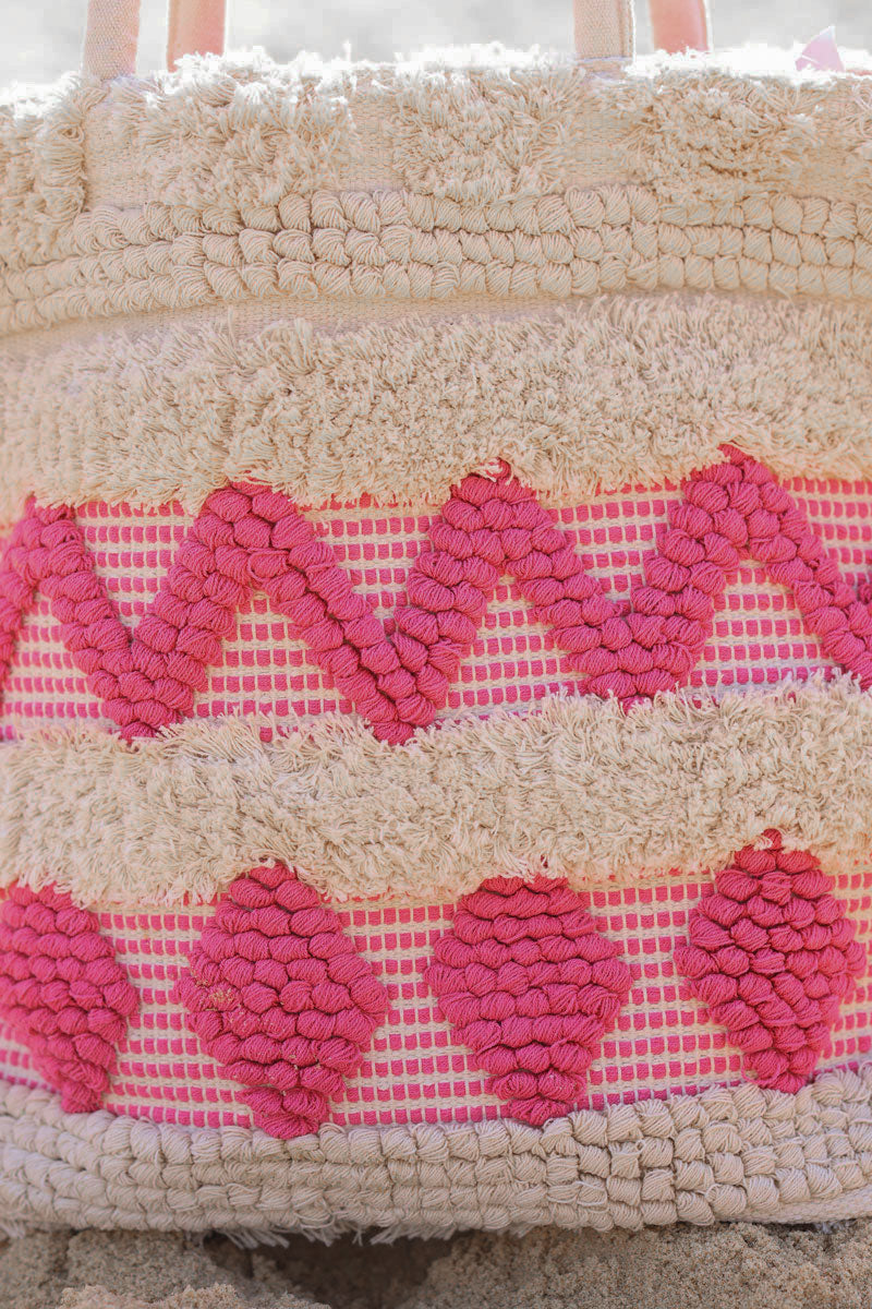 Sac panier en coton écru motifs aztèques fuchsia en relief