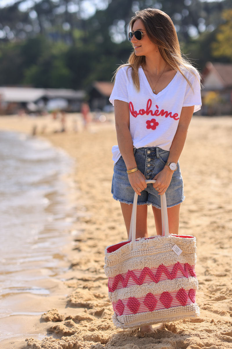 Sac panier en coton écru motifs aztèques fuchsia en relief