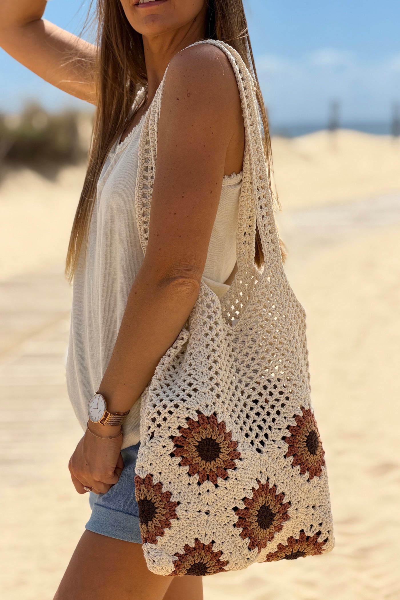 Cream Granny Square Crochet Tote