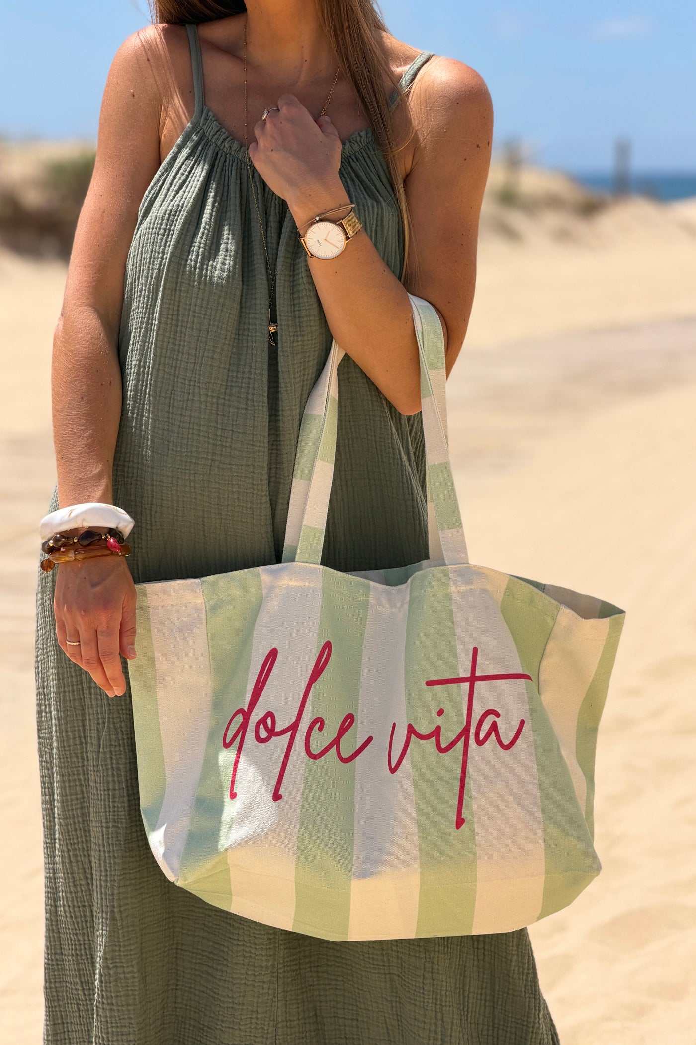 Sage Stripe “Dolce Vita” Canvas Tote Bag