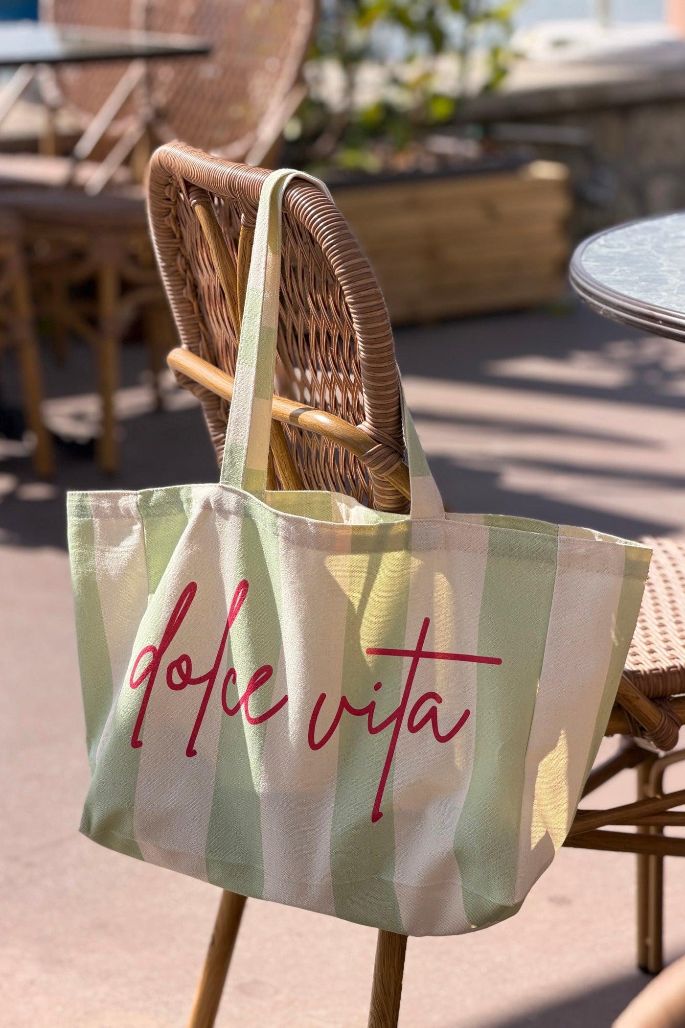 Sac tote bag rayures vert d'eau et écru Dolce Vita