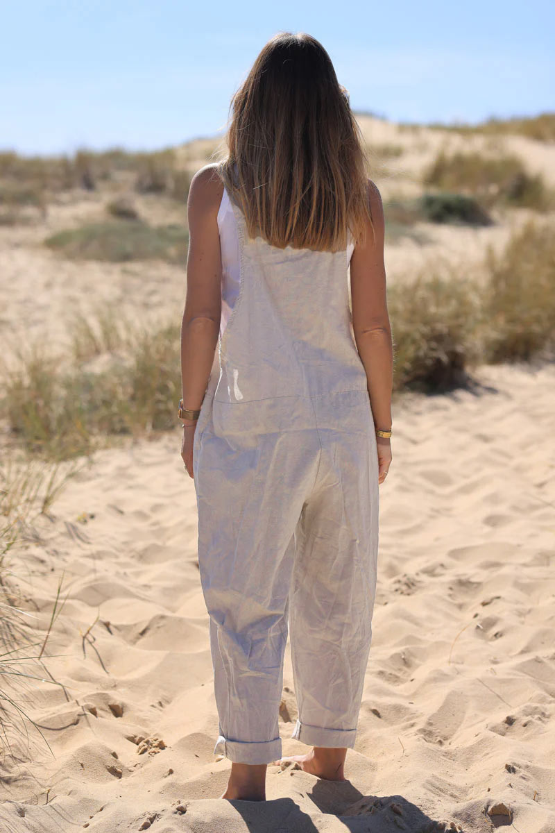 Salopette fluide beige mi coton mi lin bretelles noeuds