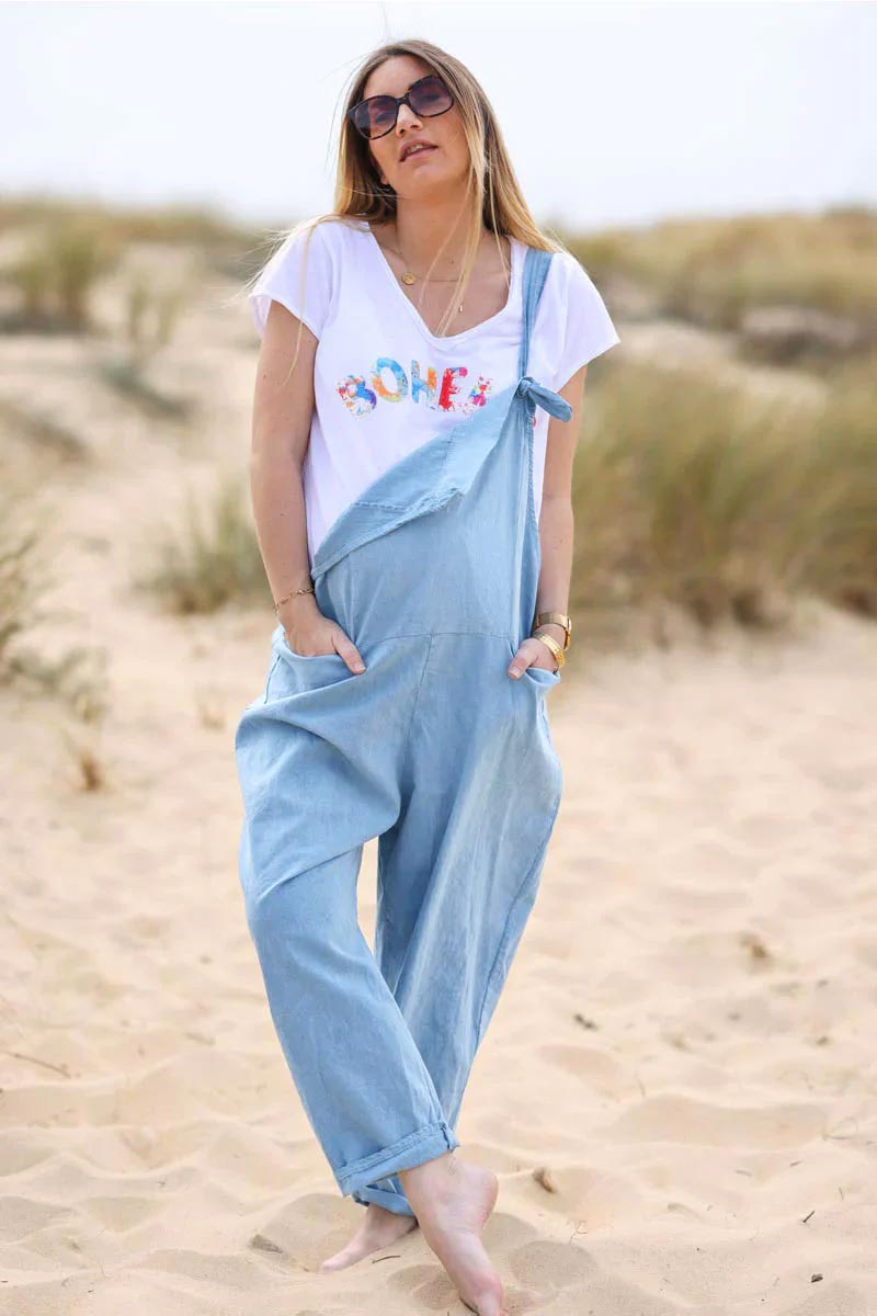 Salopette fluide bleu ciel mi coton mi lin bretelles noeuds