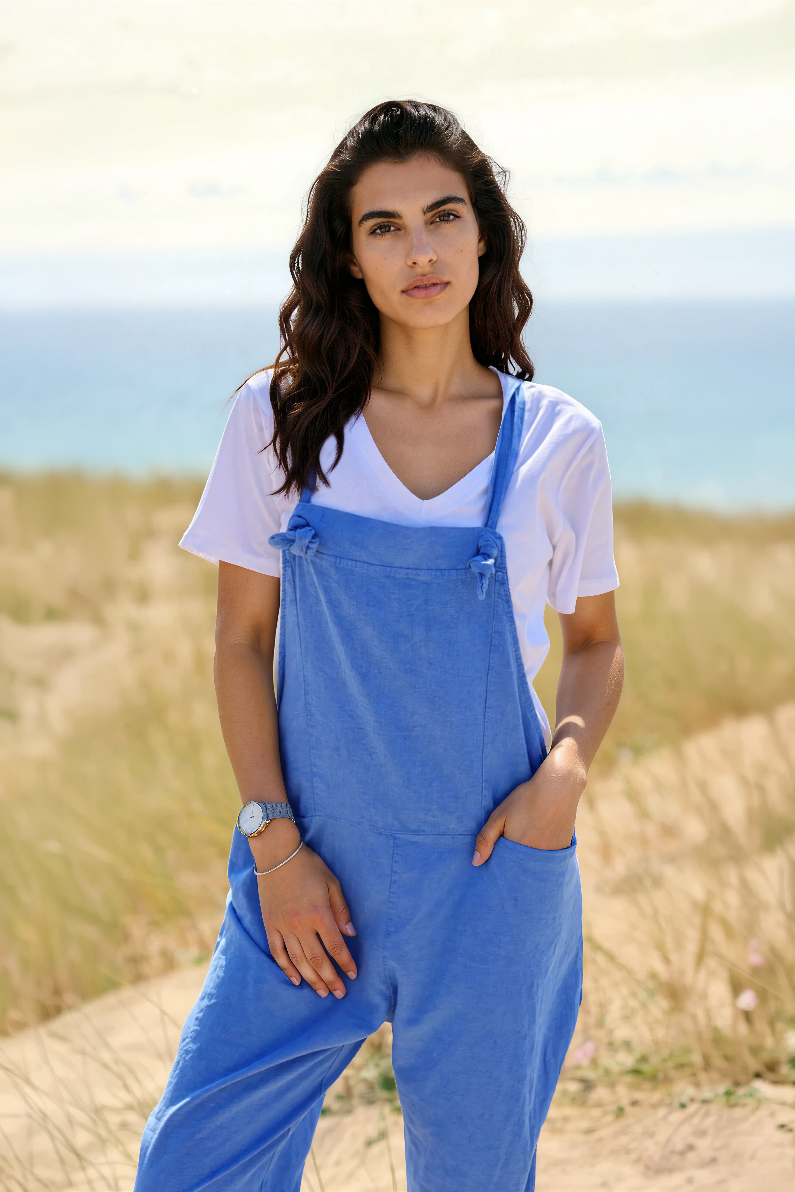 Salopette fluide bleu roi délavé mi coton mi lin bretelles nœuds