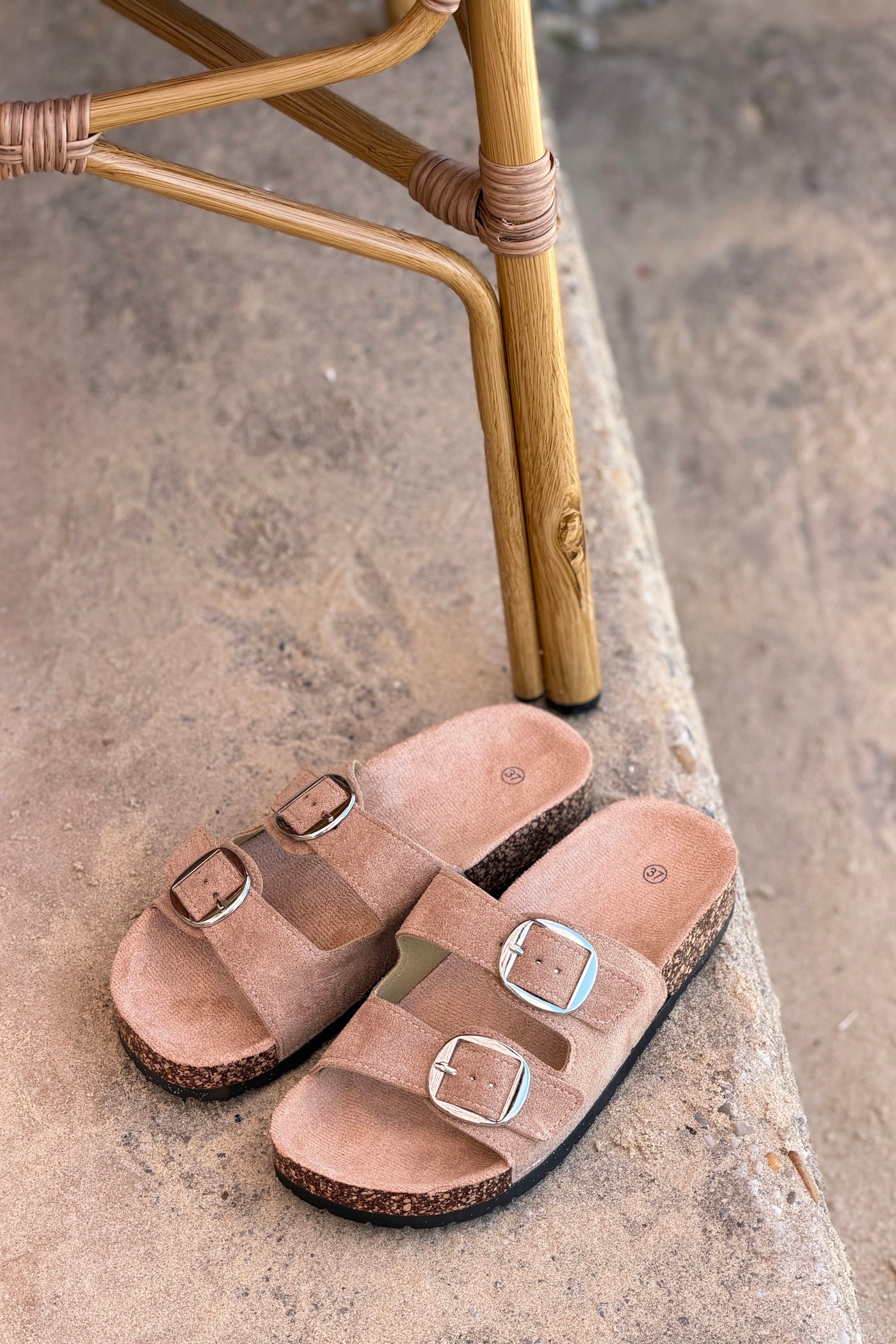 Taupe Suedette Double Buckle Slides