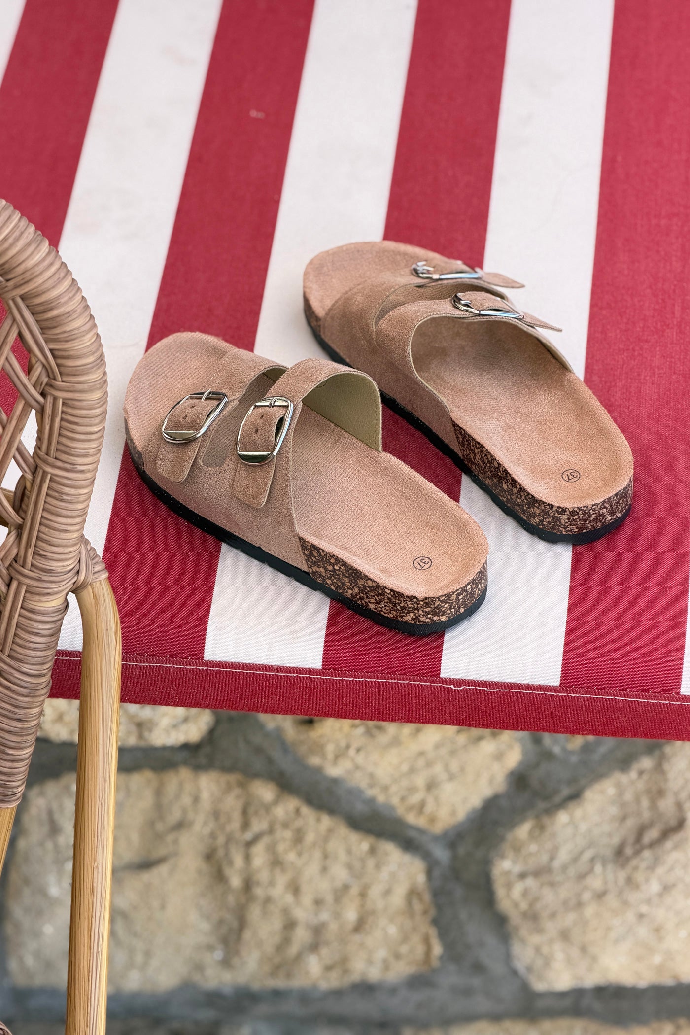 Taupe Suedette Double Buckle Slides