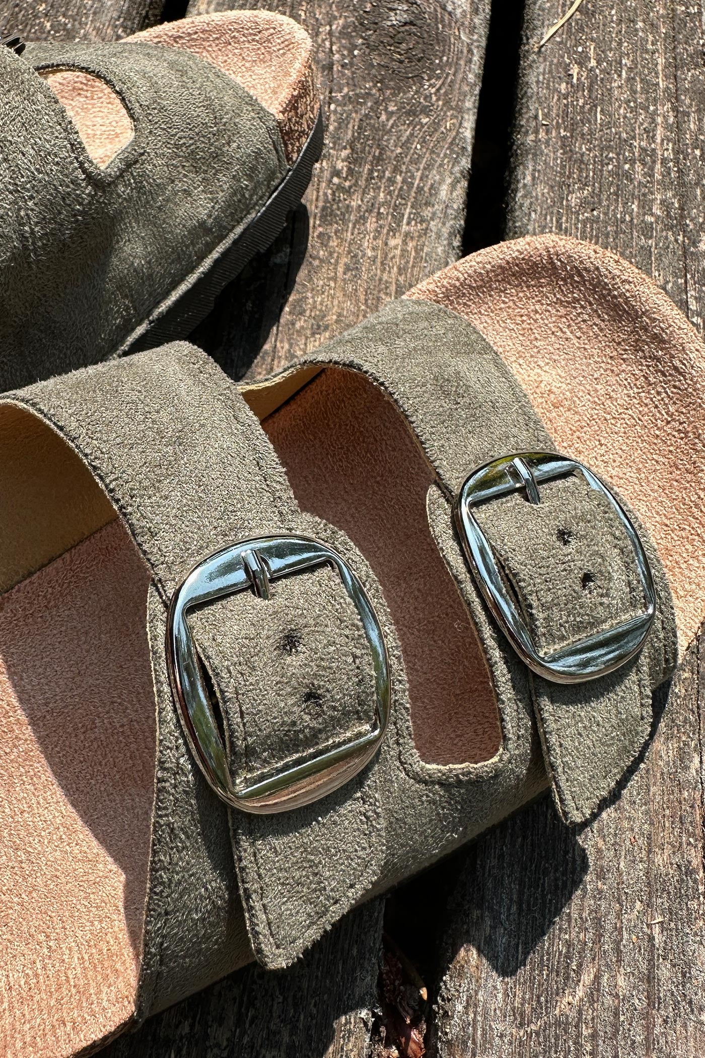 Olive Suedette Double Buckle Slides
