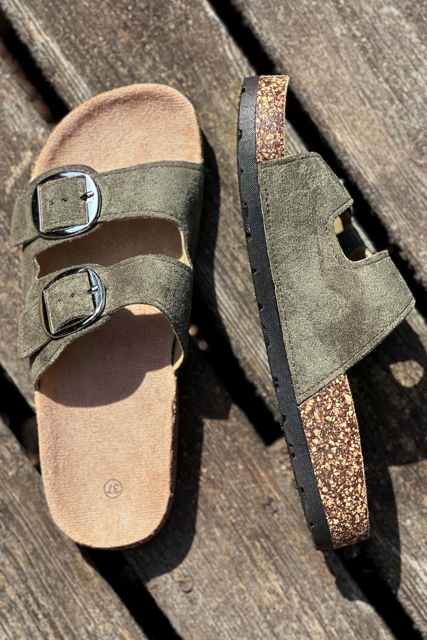 Olive Suedette Double Buckle Slides
