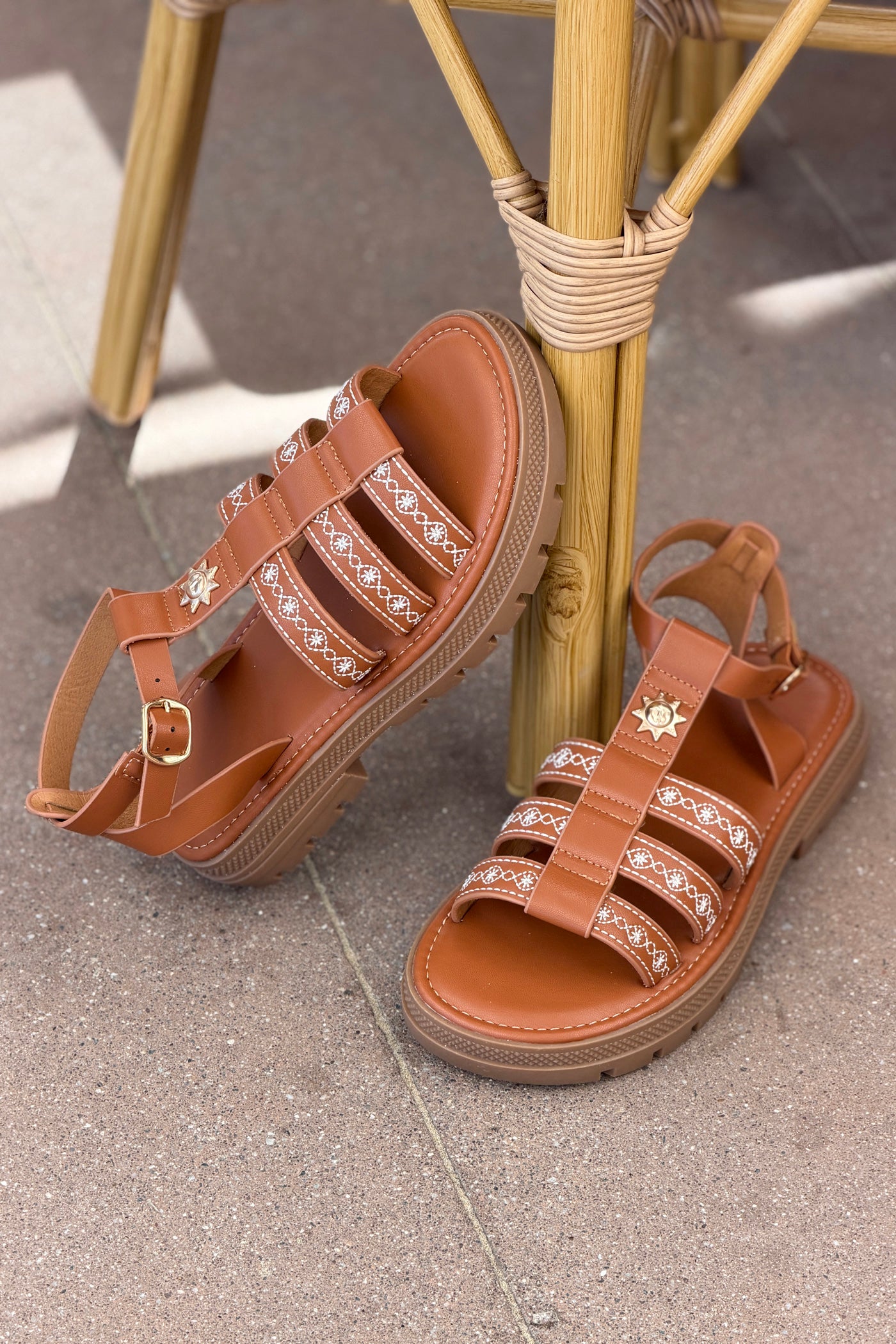 Brown Leatherette Embroidered Buckle Sandals