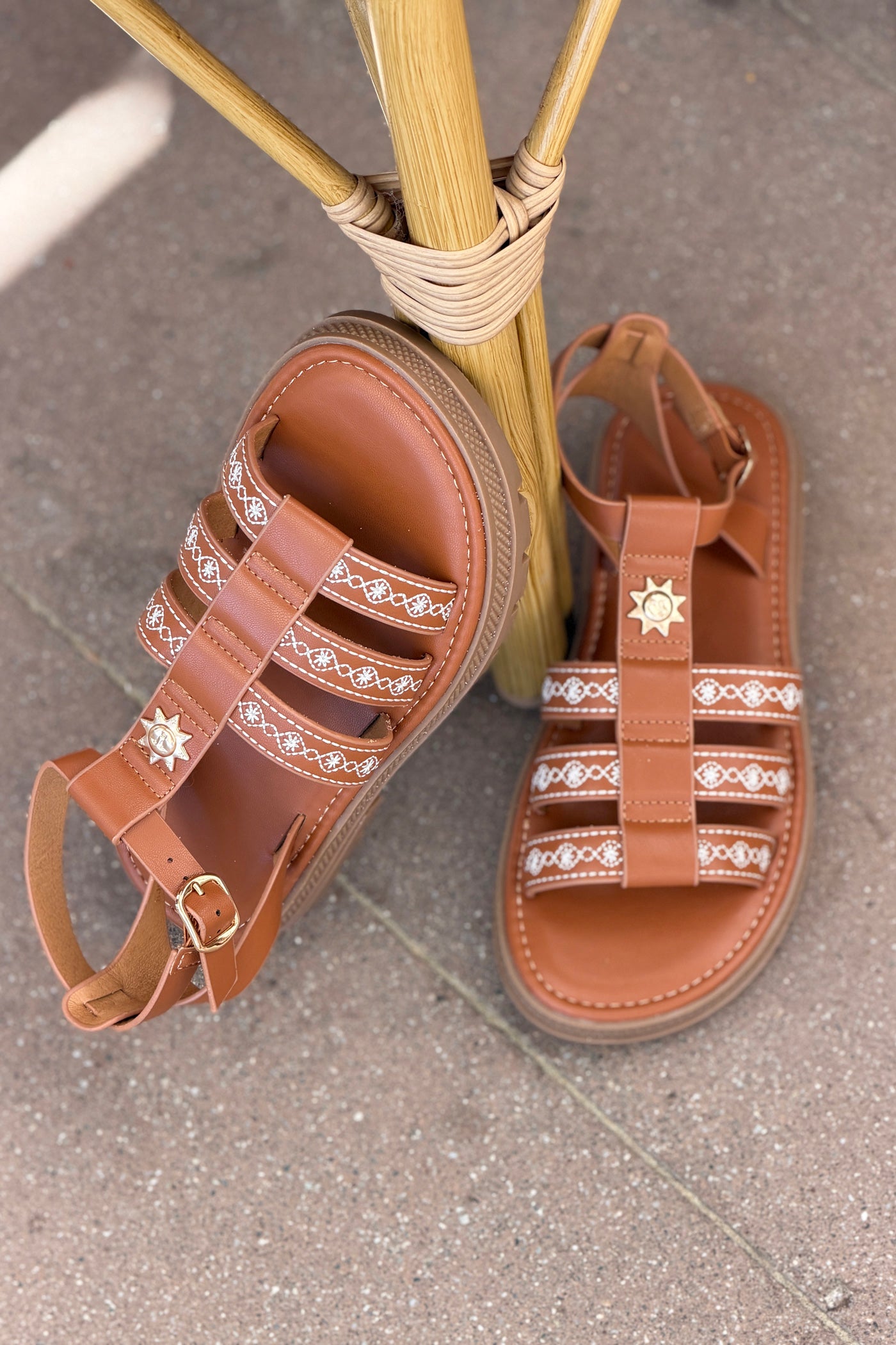 Brown Leatherette Embroidered Buckle Sandals