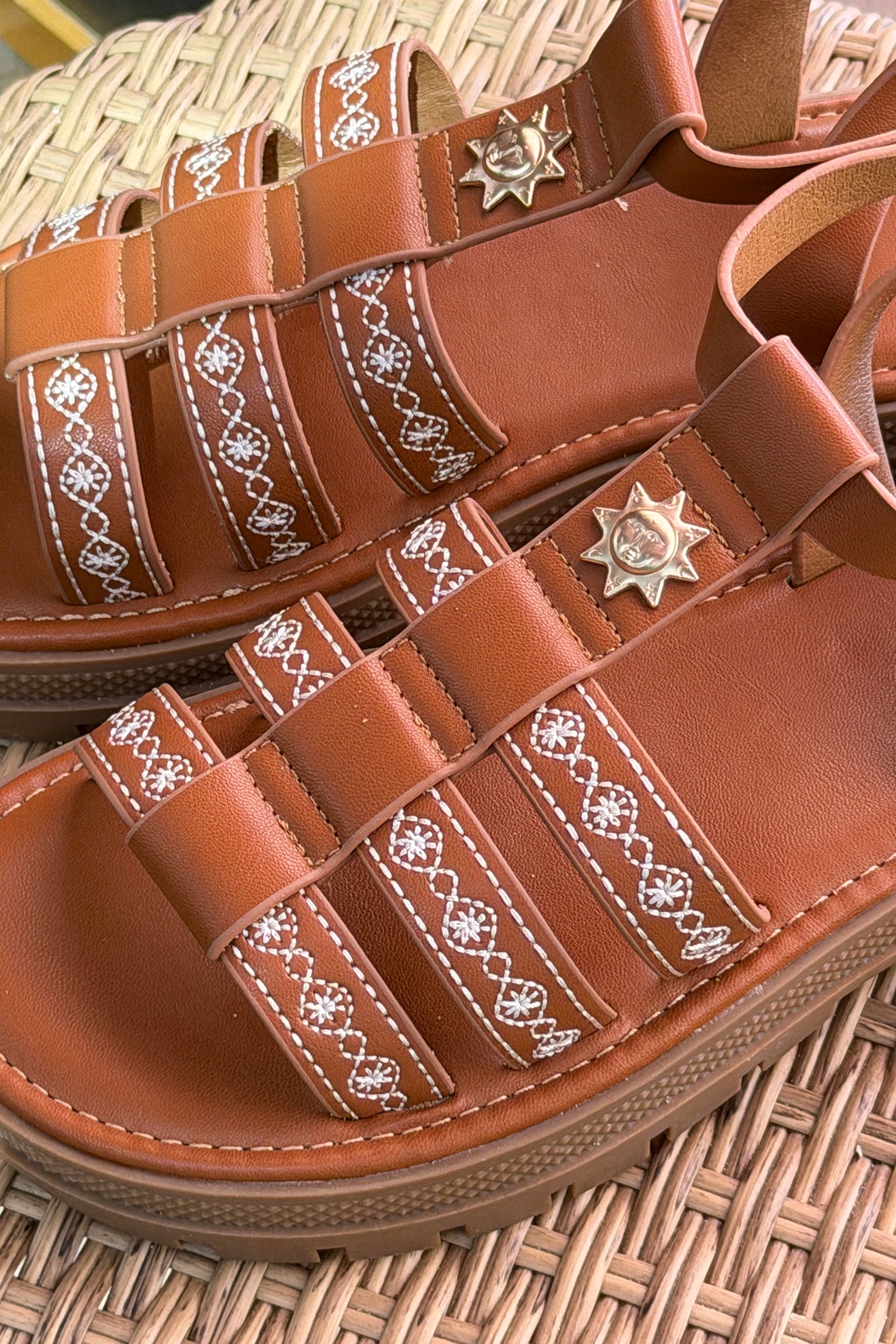 Brown Leatherette Embroidered Buckle Sandals