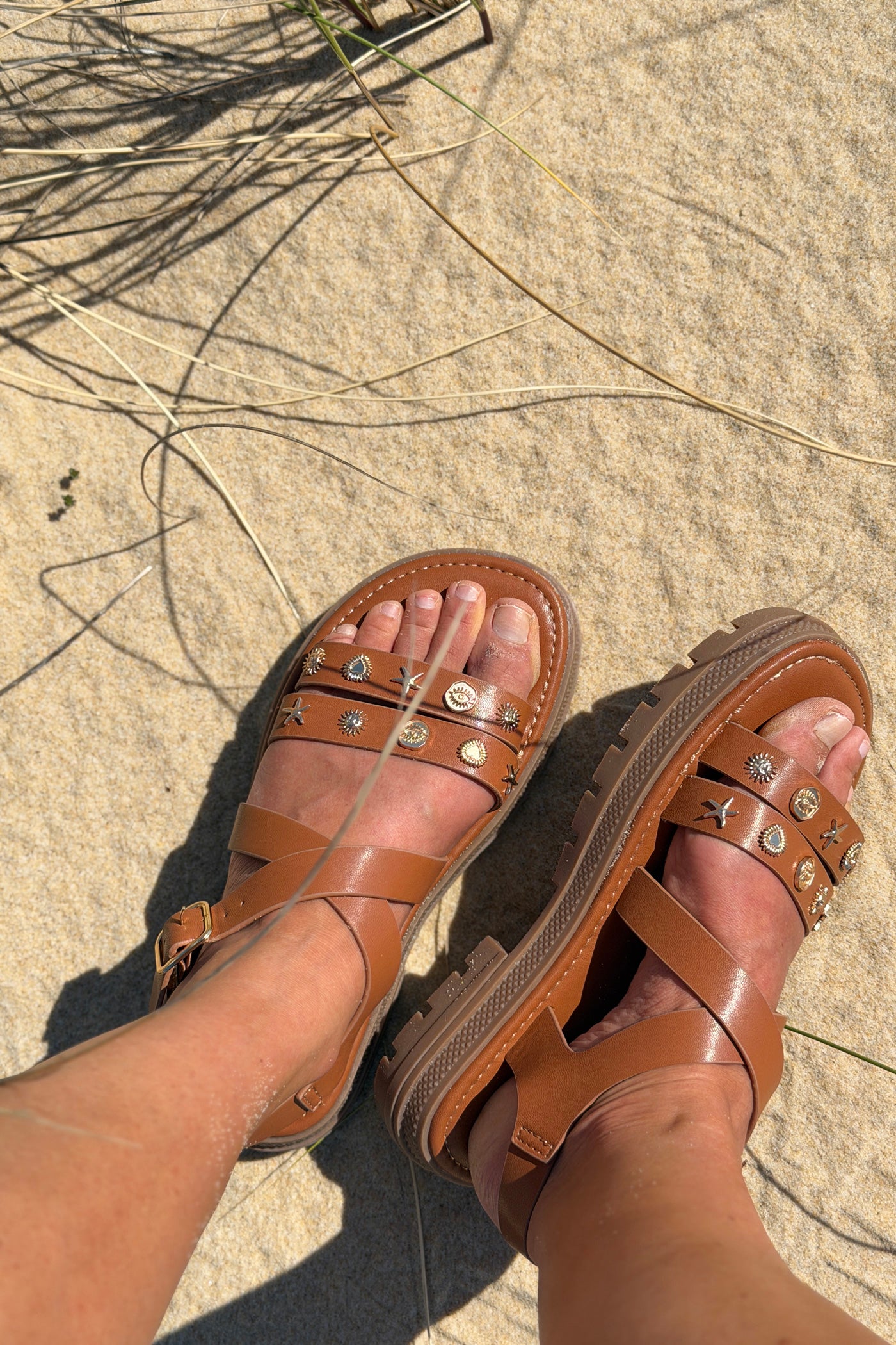 Brown Leatherette Sea Stud Sandals