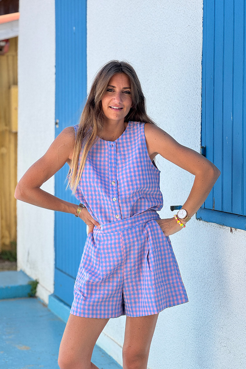 Pantalones cortos plisados de algodón con cuadros vichy azules y rosas