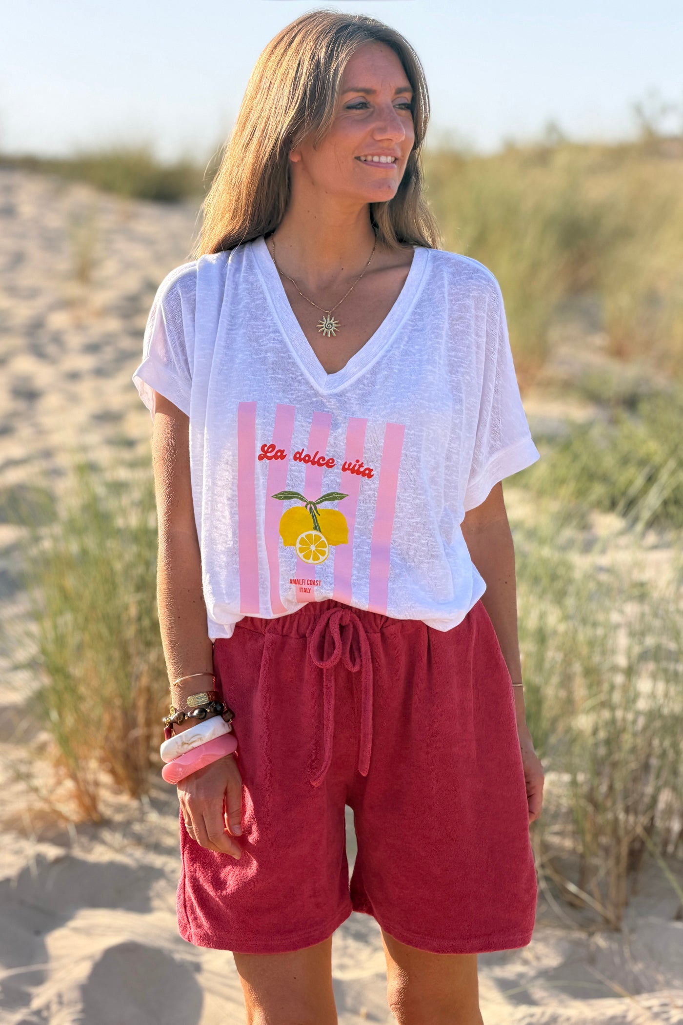 Short en éponge framboise fluide taille élastique