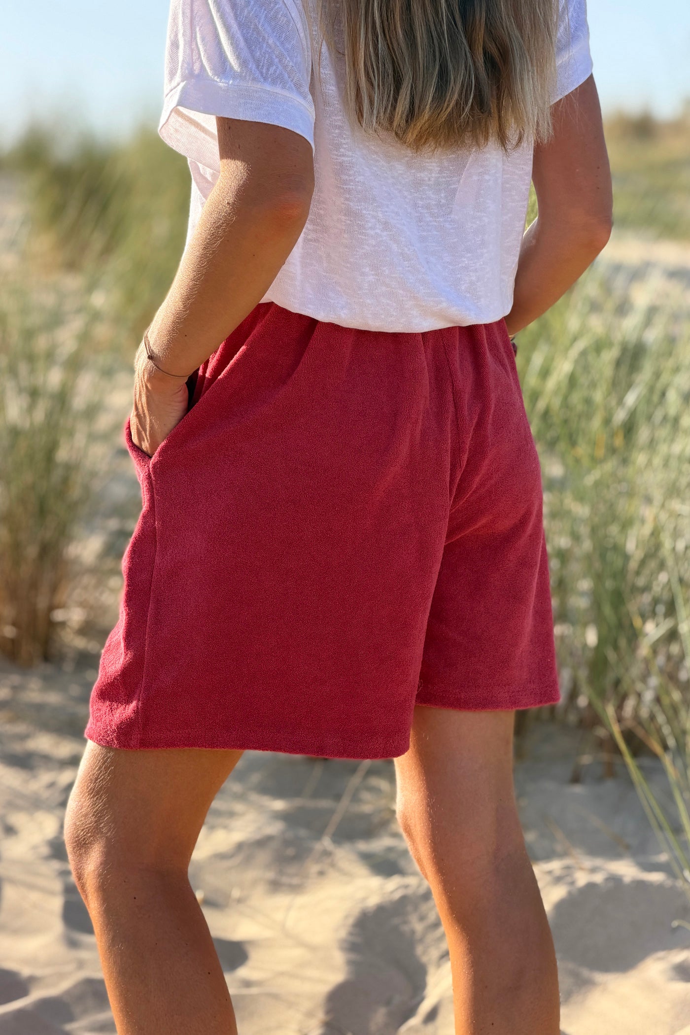 Short en éponge framboise fluide taille élastique