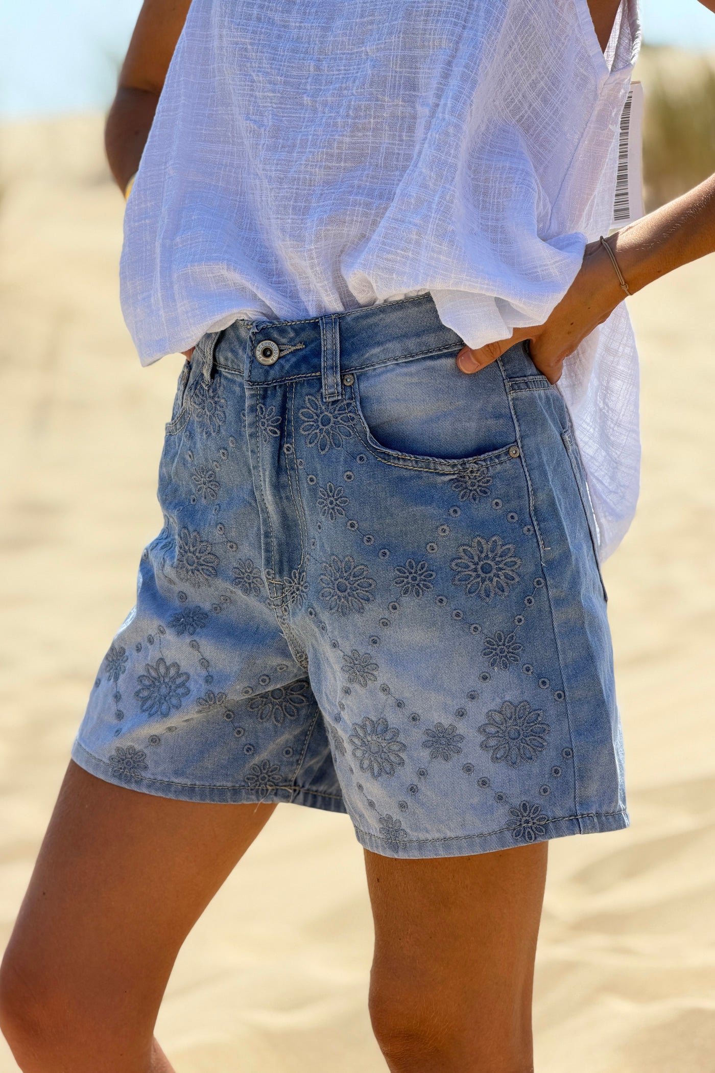 Blue Jean Eyelet Embroidered Denim Shorts