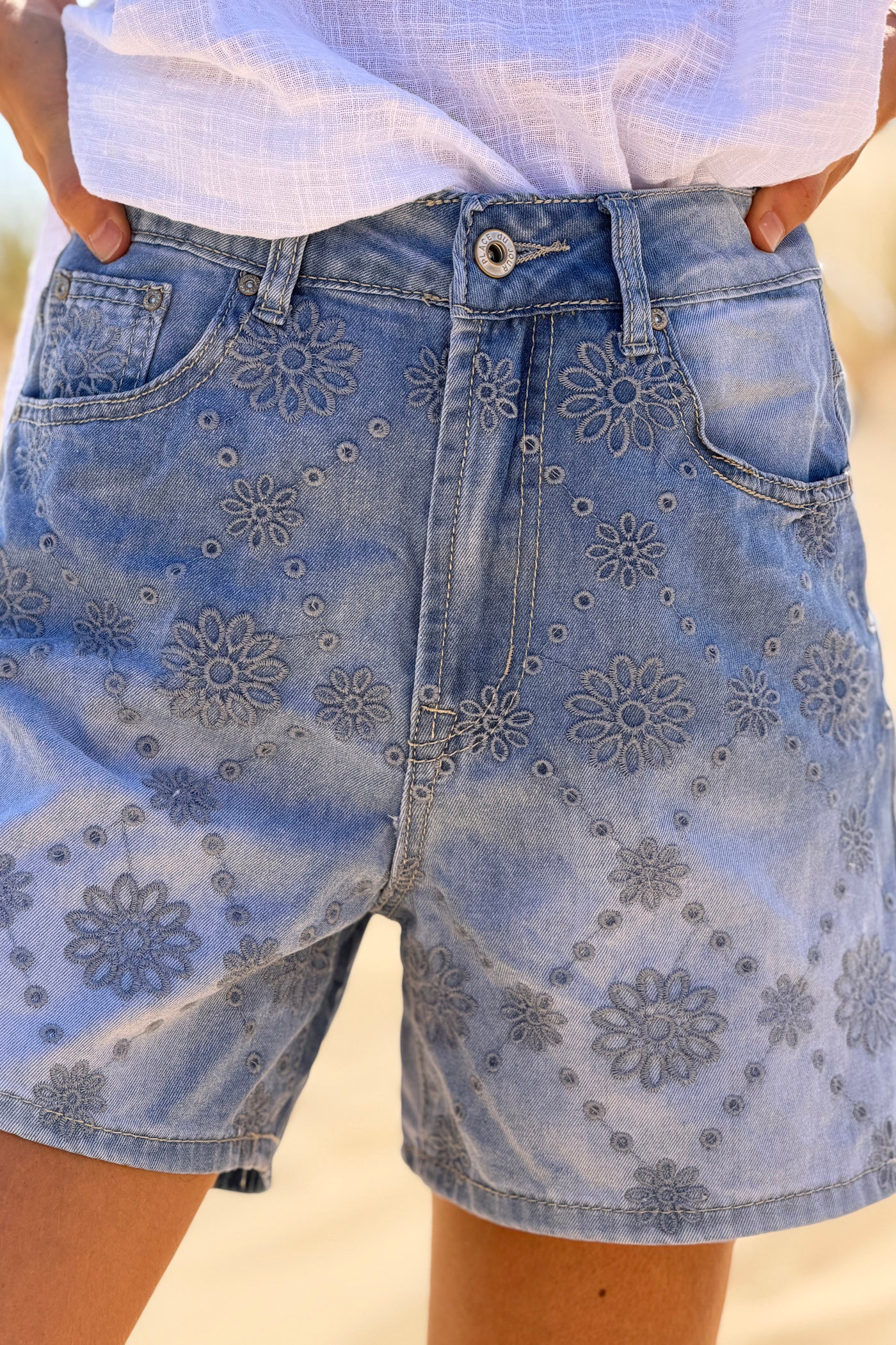 Blue Jean Eyelet Embroidered Denim Shorts