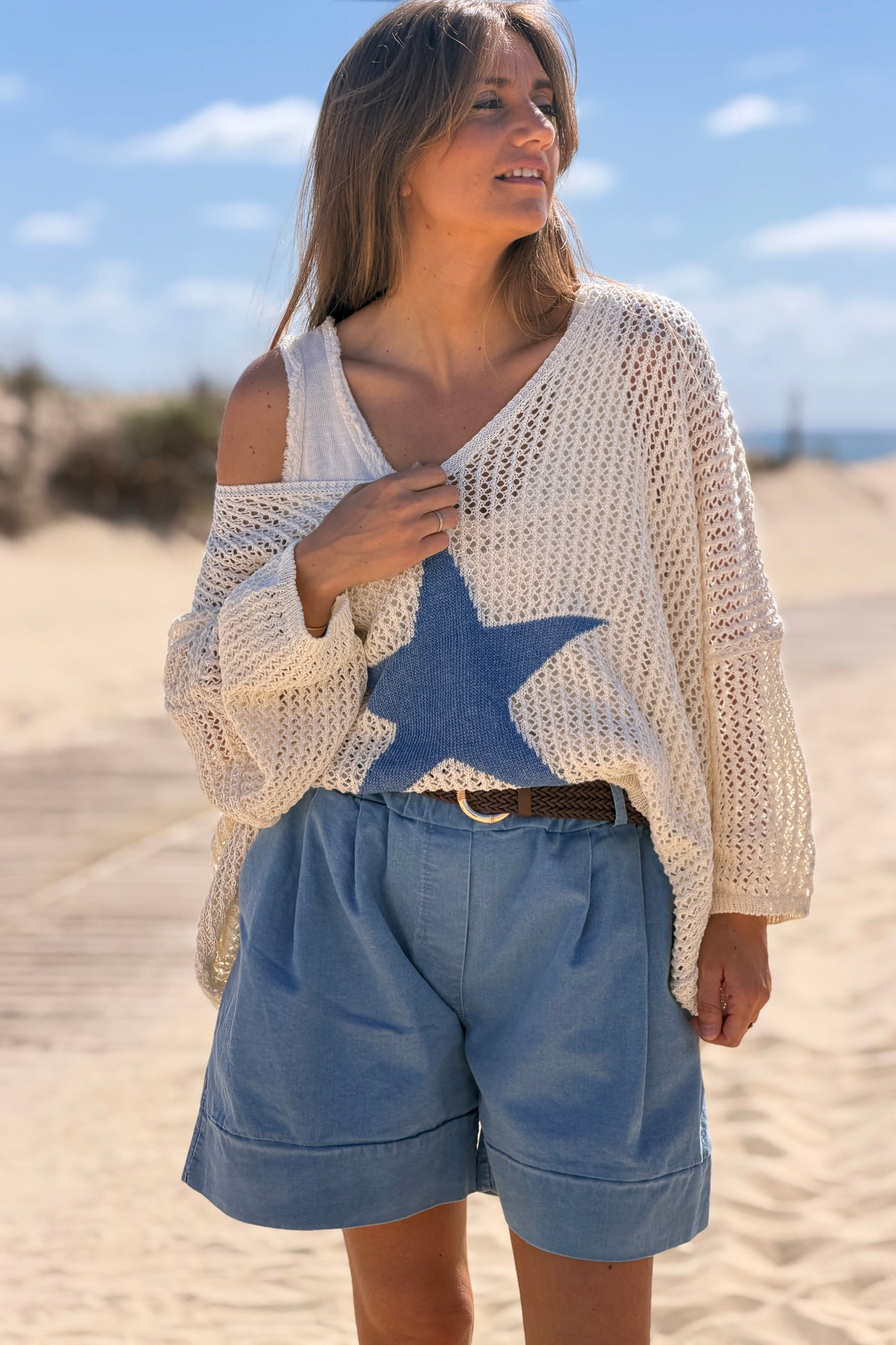 Short fluide effet denim tencel grande poches et ceinture simili tressé
