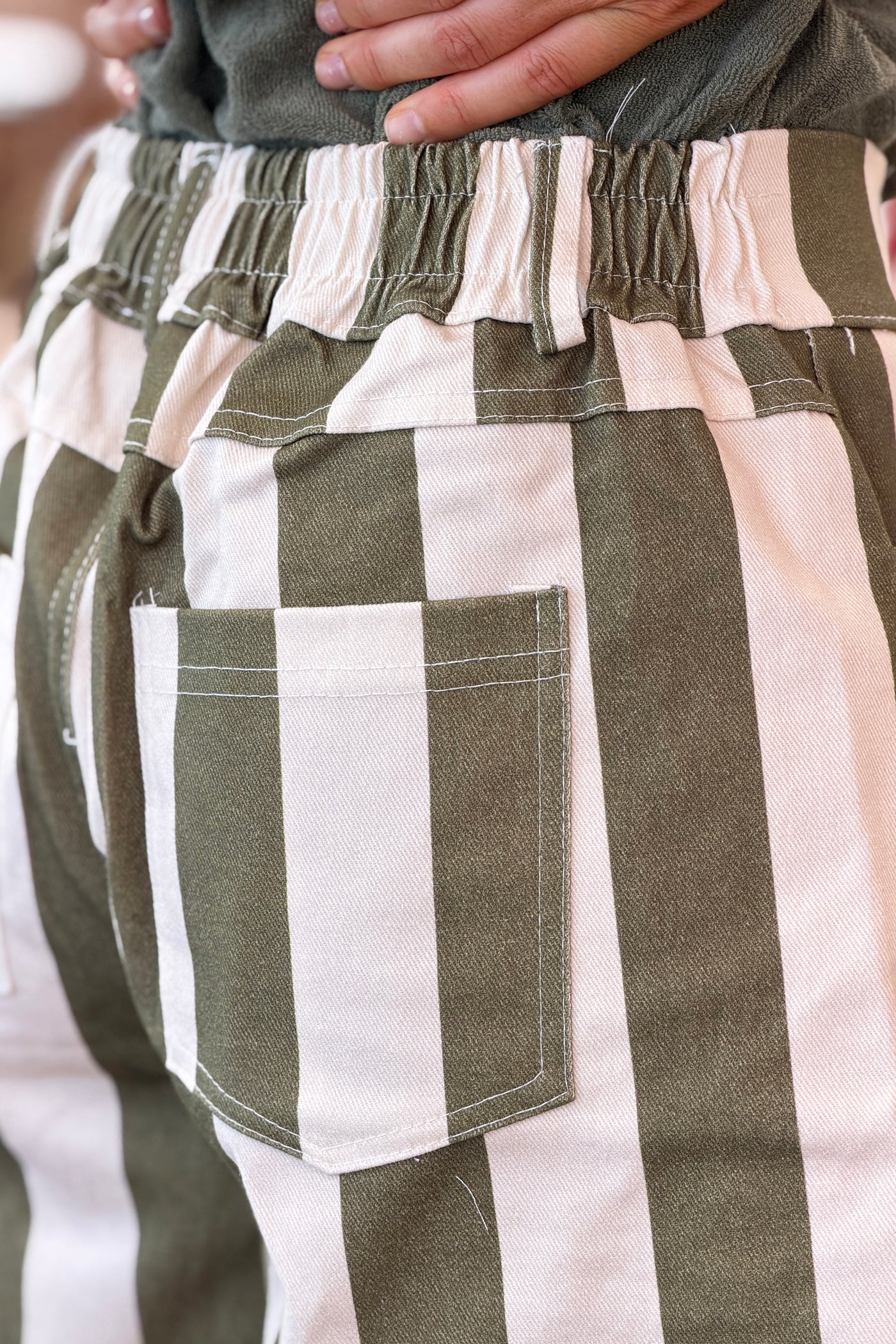 Olive Stripe Twill Pull-On Shorts
