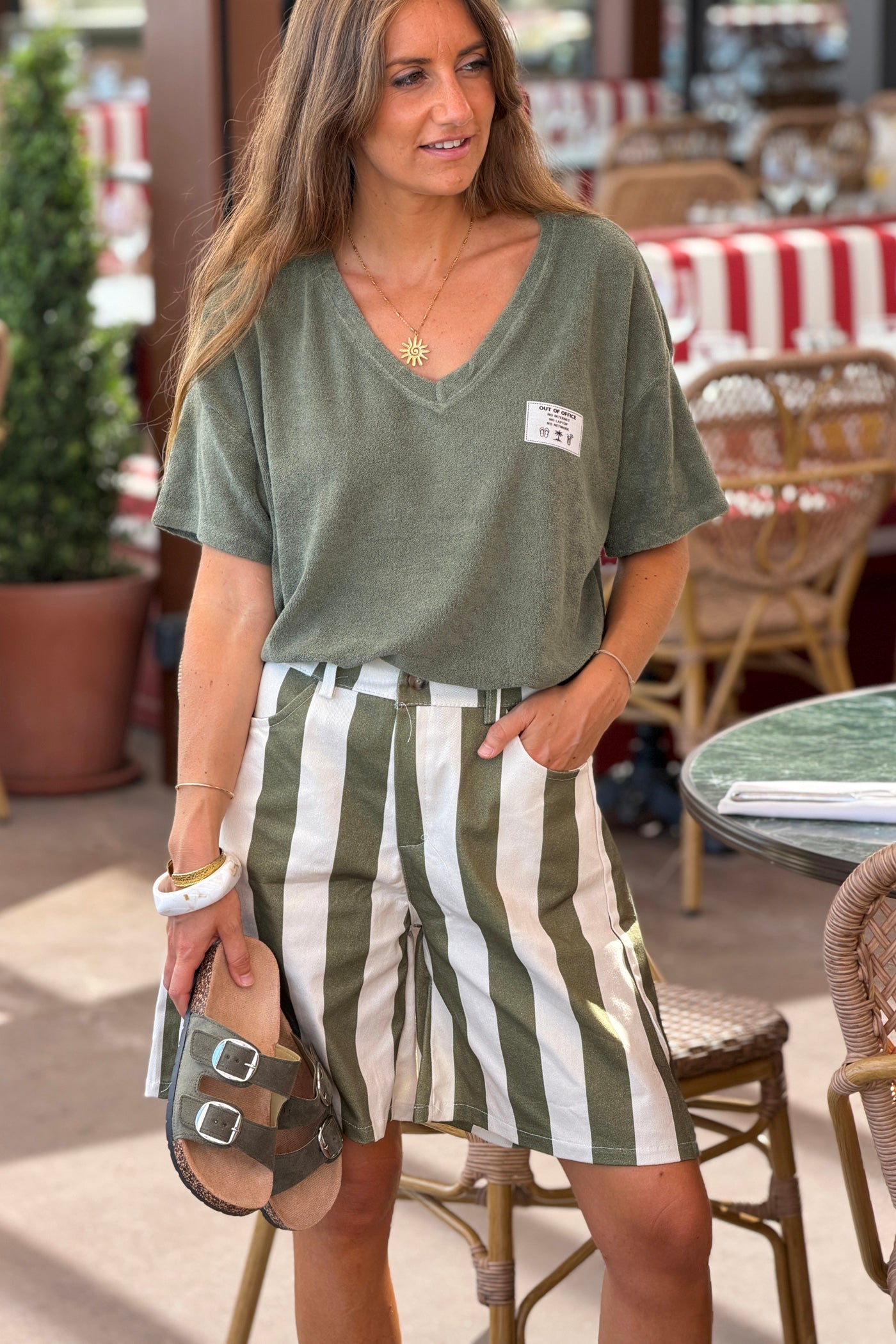 Olive Stripe Twill Pull-On Shorts
