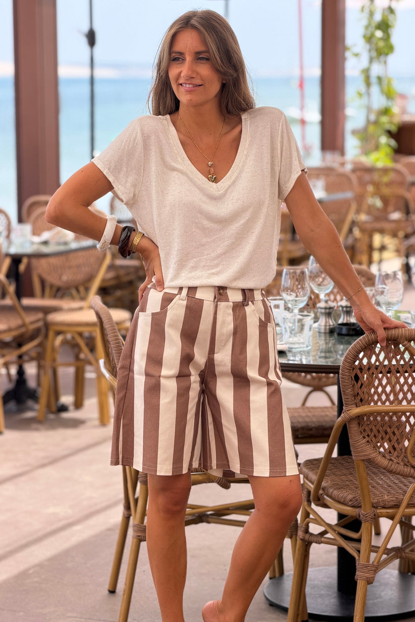 Brown Stripe Twill Pull-On Shorts
