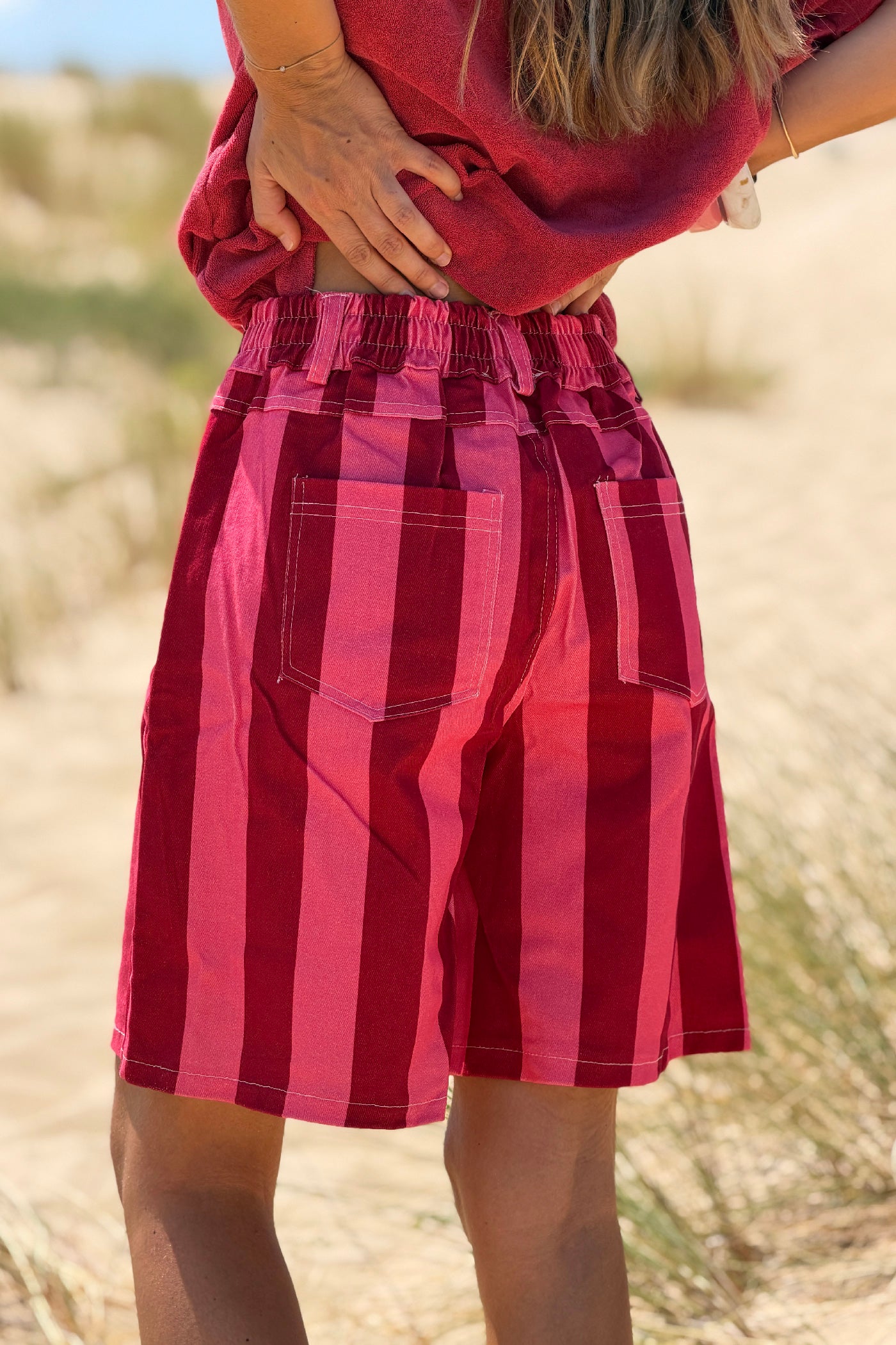 Red Stripe Twill Pull-On Shorts
