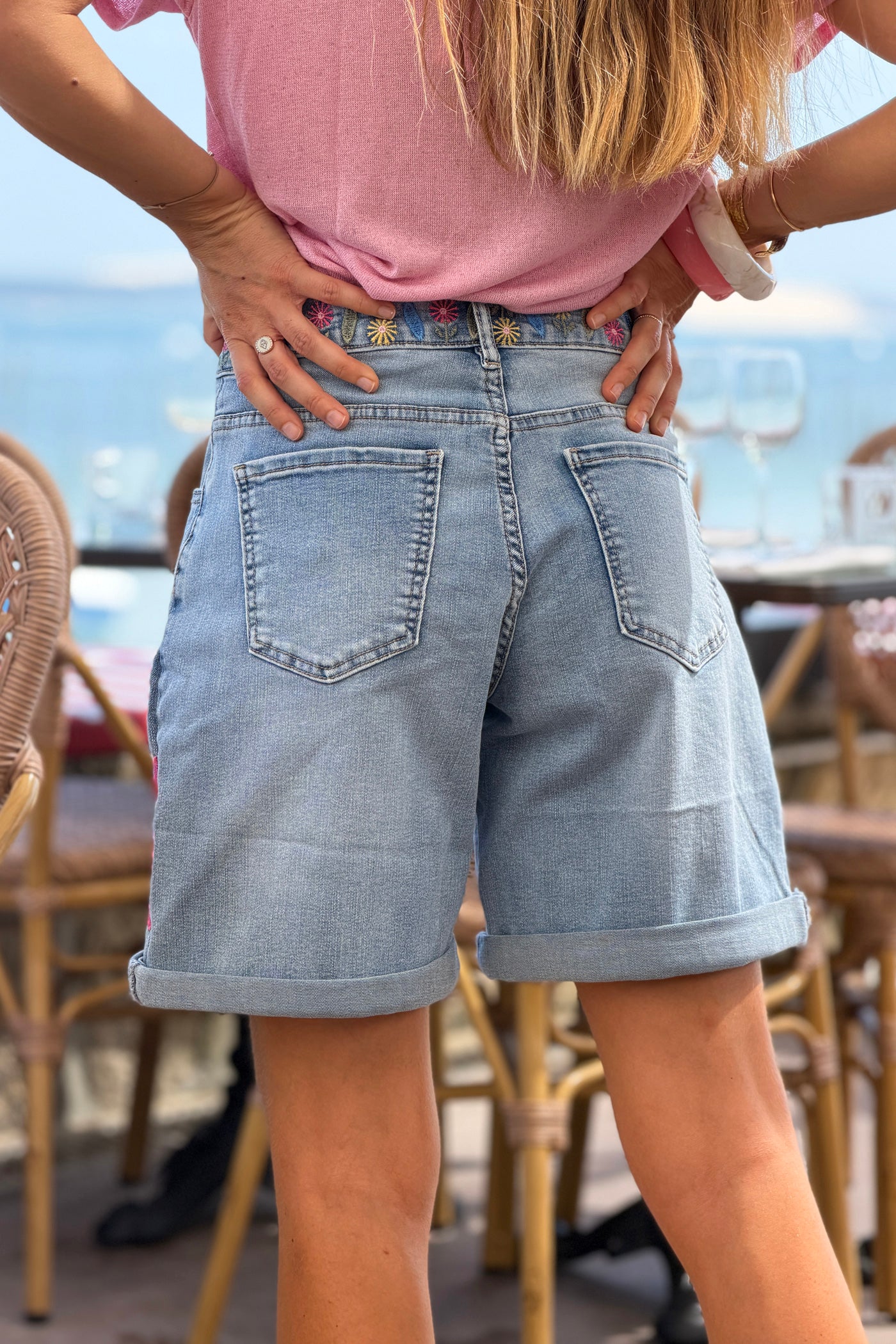 Light Blue Jean Embroidered Flower Garden Jean Shorts
