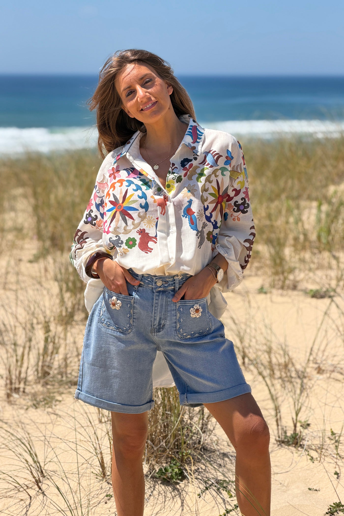 Light Chambray Floral Patch Pocket Jean Shorts