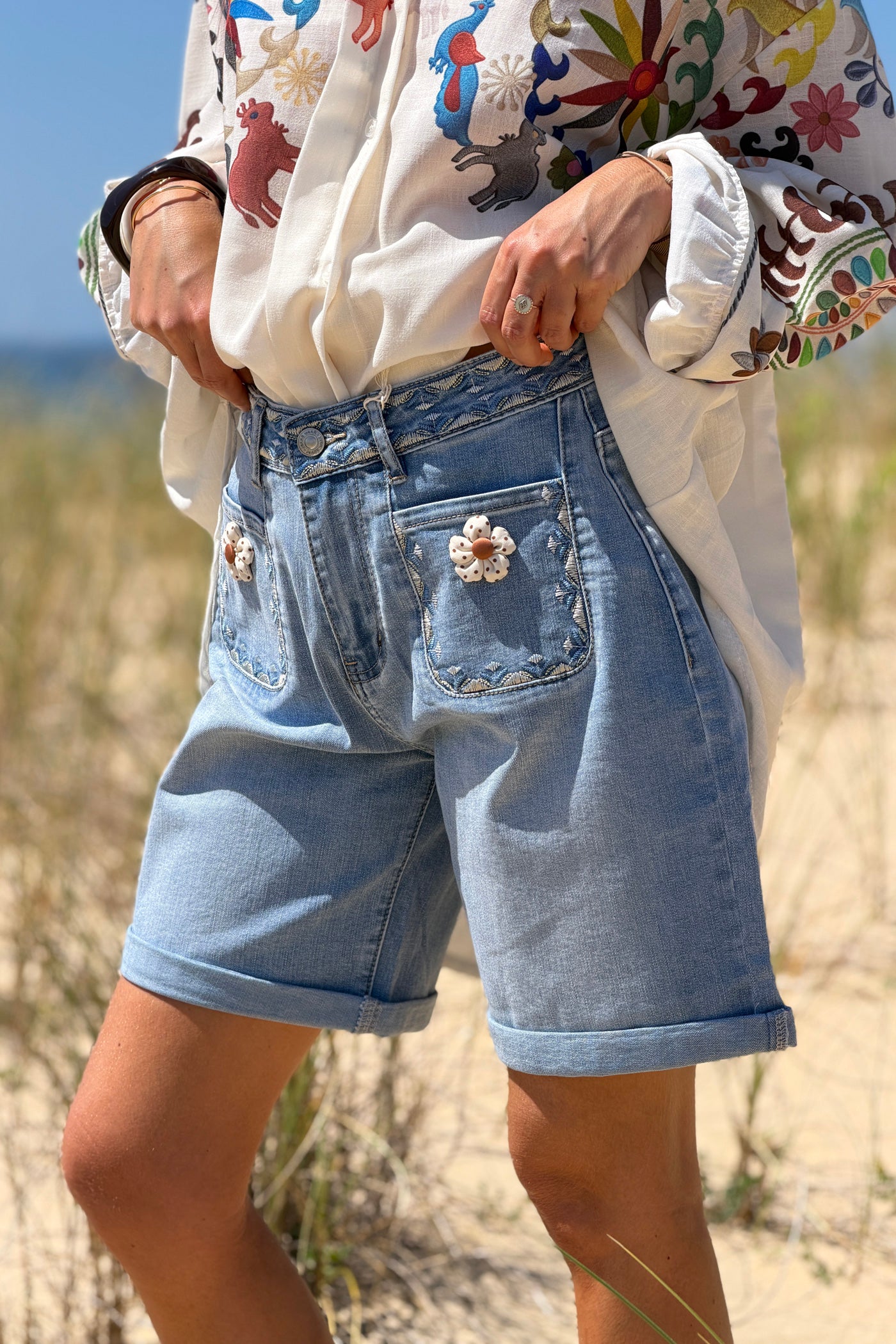 Light Chambray Floral Patch Pocket Jean Shorts