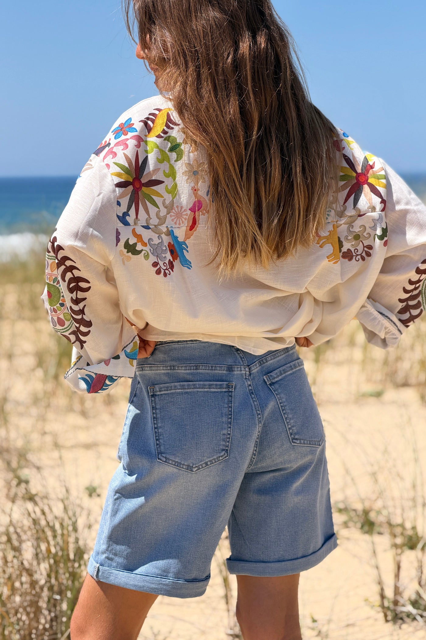 Light Chambray Floral Patch Pocket Jean Shorts