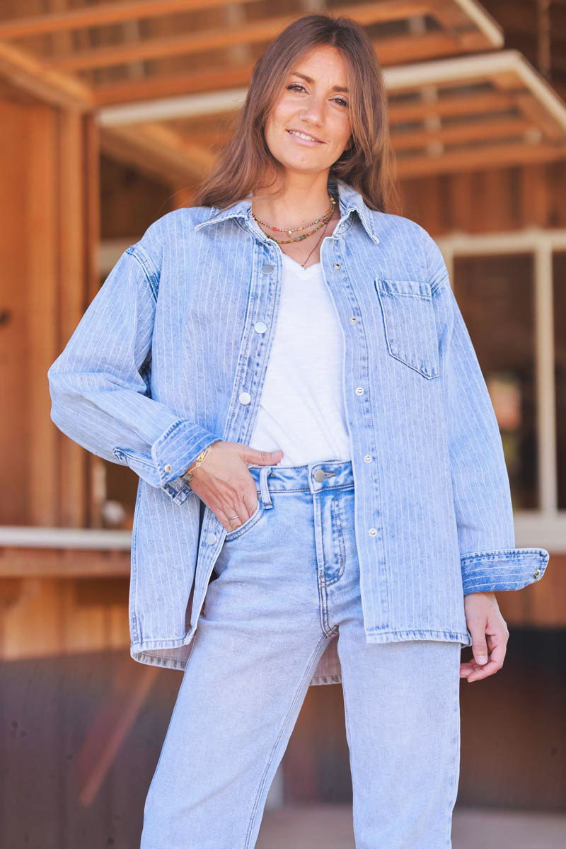 Light Wash Pinstripe Denim Shirt Jacket