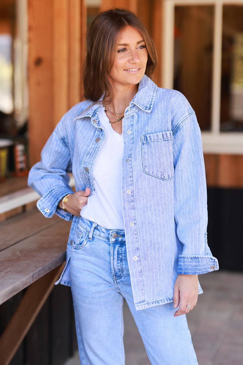 Light Wash Pinstripe Denim Shirt Jacket